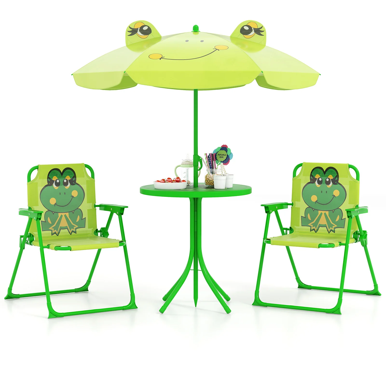 Kids Picnic Set, 2 Folding Chairs, Adjustable Umbrella, Light Green