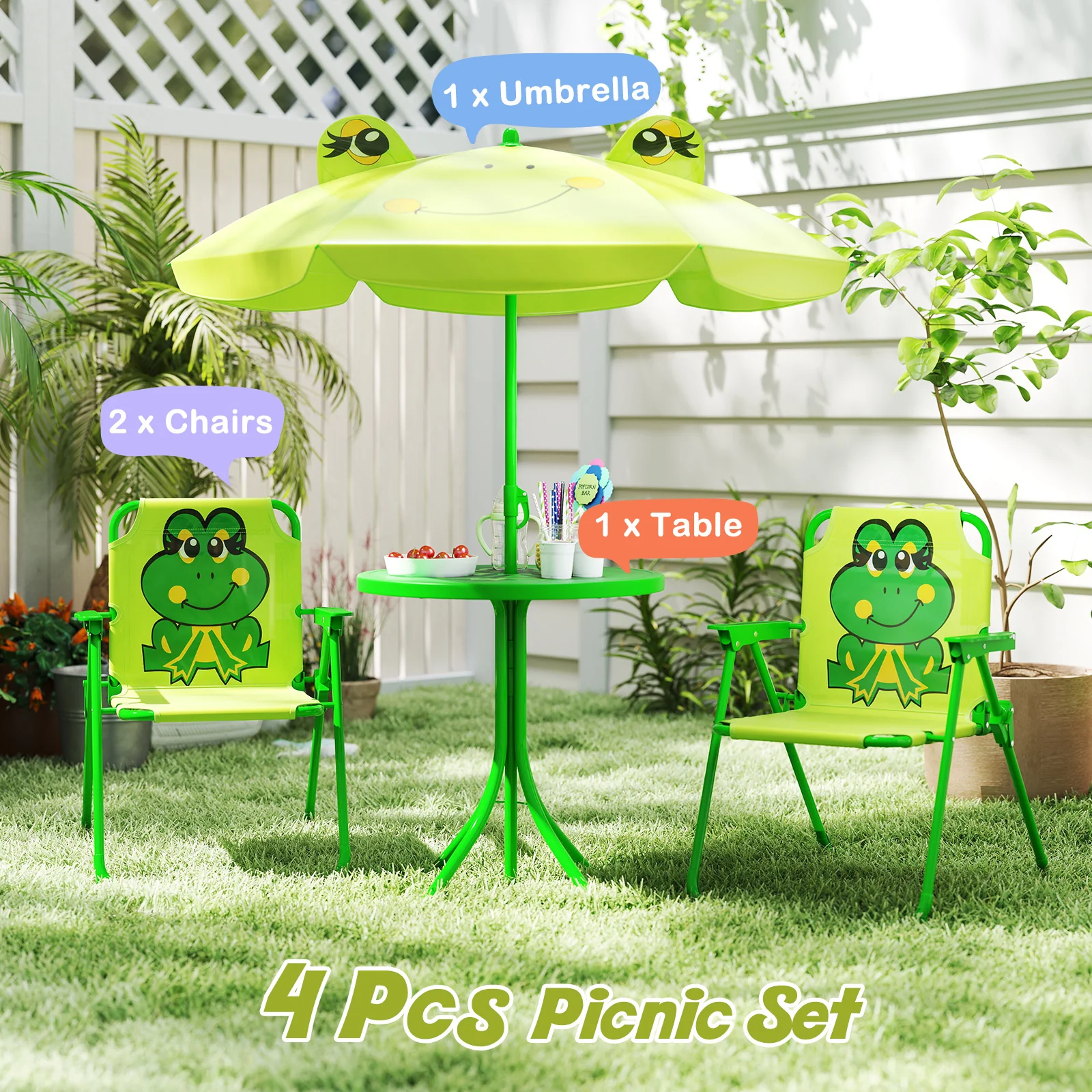 Kids Picnic Set, 2 Folding Chairs, Adjustable Umbrella, Light Green - Image 2