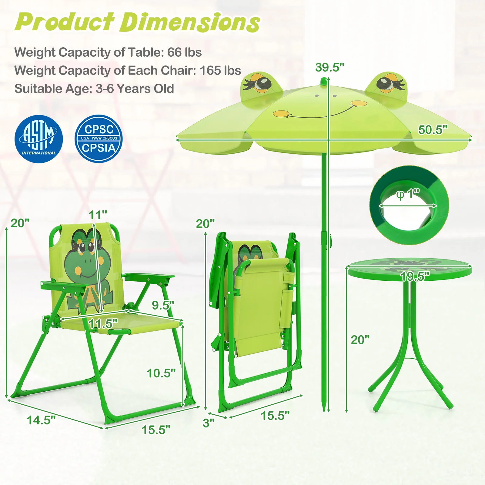 Kids Picnic Set, 2 Folding Chairs, Adjustable Umbrella, Light Green - Image 6
