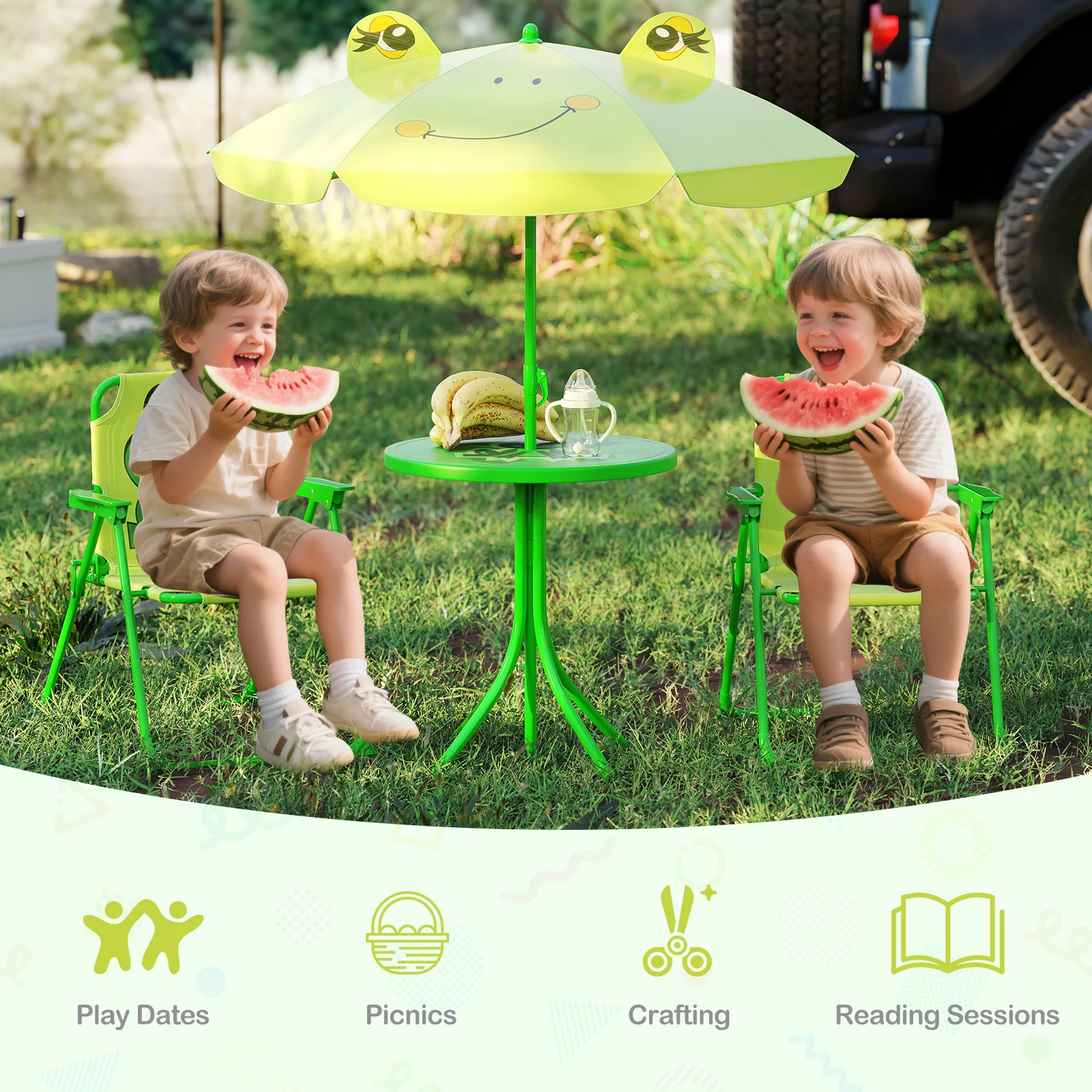 Kids Picnic Set, 2 Folding Chairs, Adjustable Umbrella, Light Green - Image 8