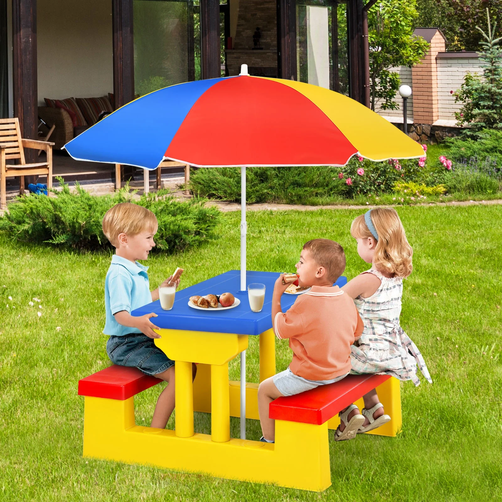 Kids Picnic Table And Bench Set, With Umbrella, Yellow - Image 2