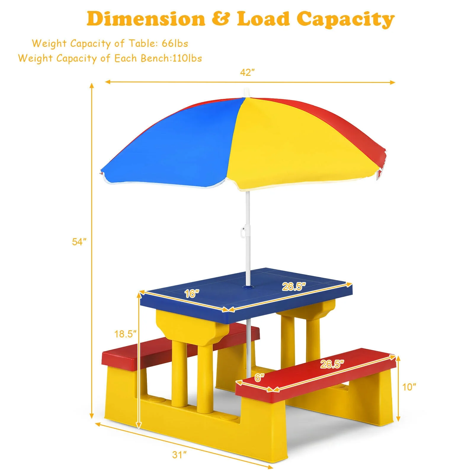 Kids Picnic Table And Bench Set, With Umbrella, Yellow - Image 6