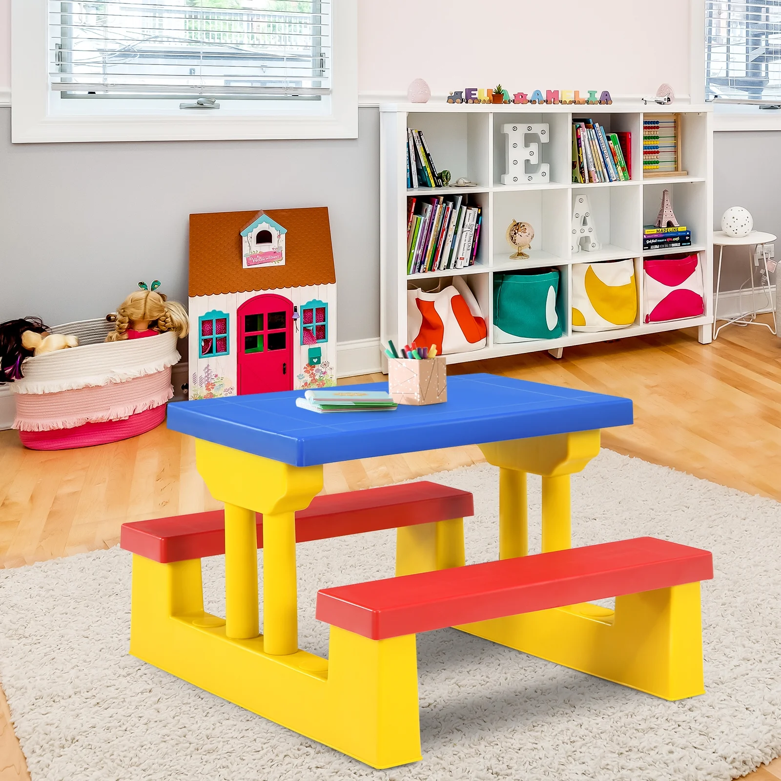 Kids Picnic Table And Bench Set, With Umbrella, Yellow - Image 7