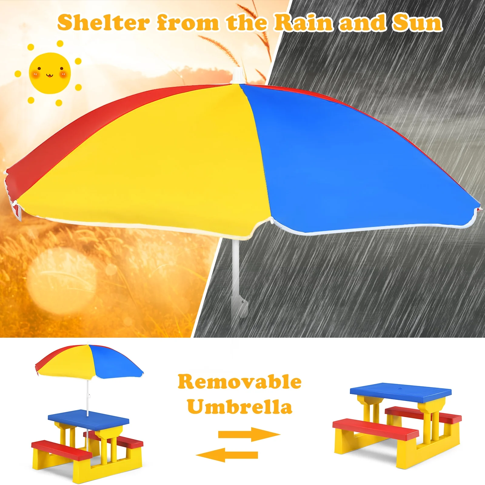 Kids Picnic Table And Bench Set, With Umbrella, Yellow - Image 8
