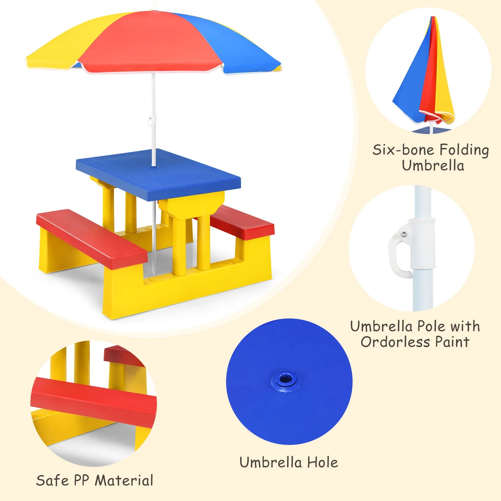 Kids Picnic Table And Bench Set, With Umbrella, Yellow - Image 9