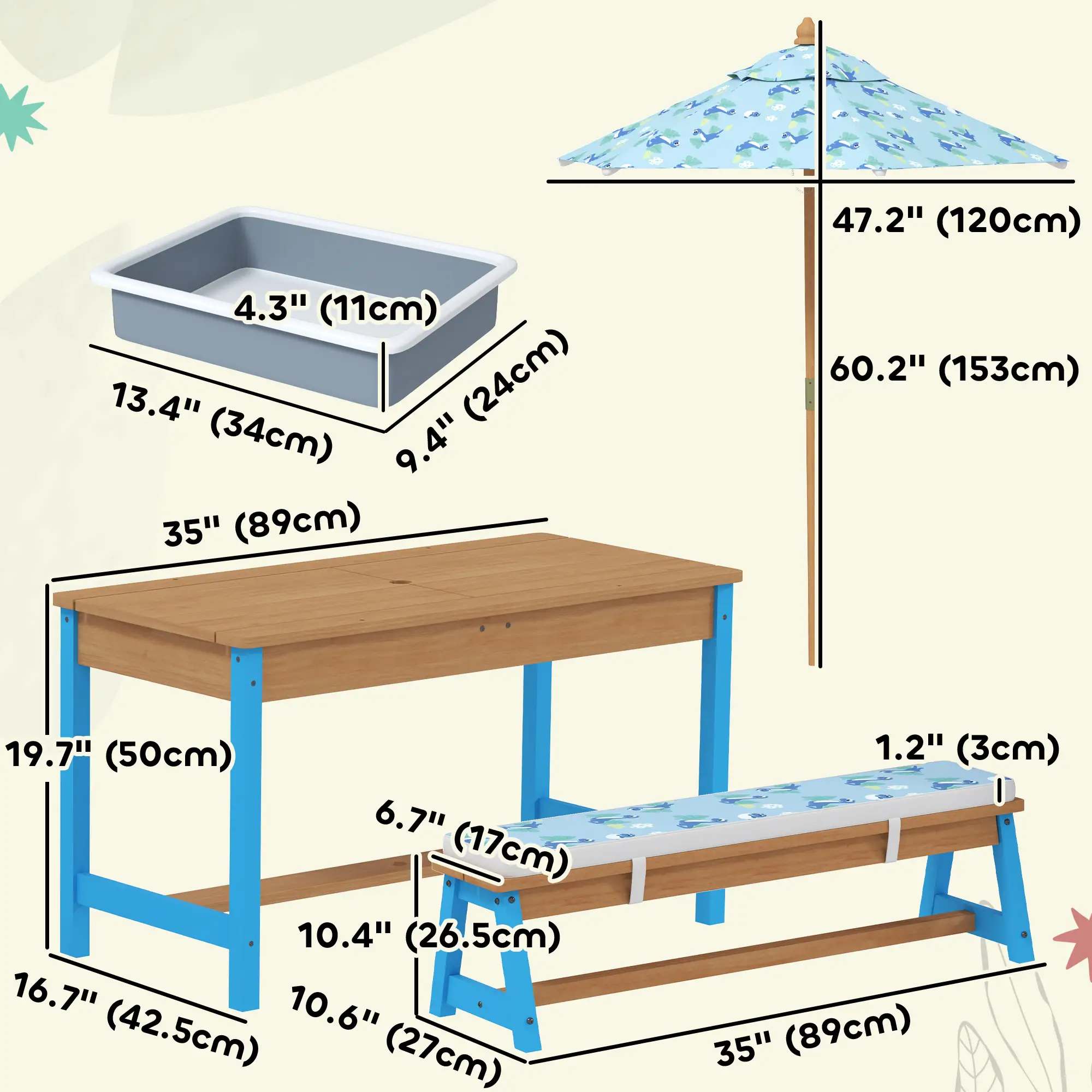 Kids Picnic Table Bench Set with Umbrella, Cushions, Boxes, Dinosaur Theme, Blue - Image 3
