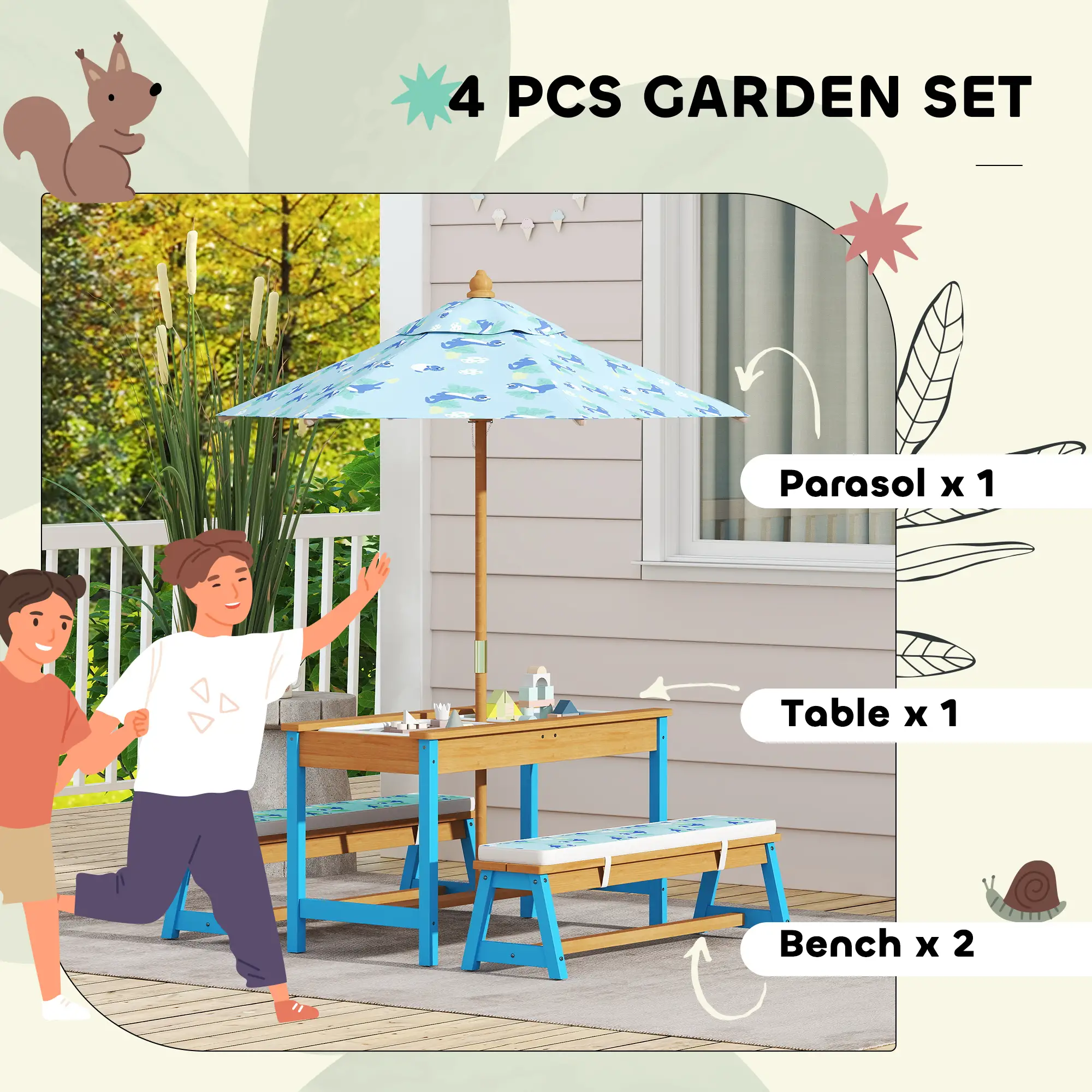 Kids Picnic Table Bench Set with Umbrella, Cushions, Boxes, Dinosaur Theme, Blue - Image 4