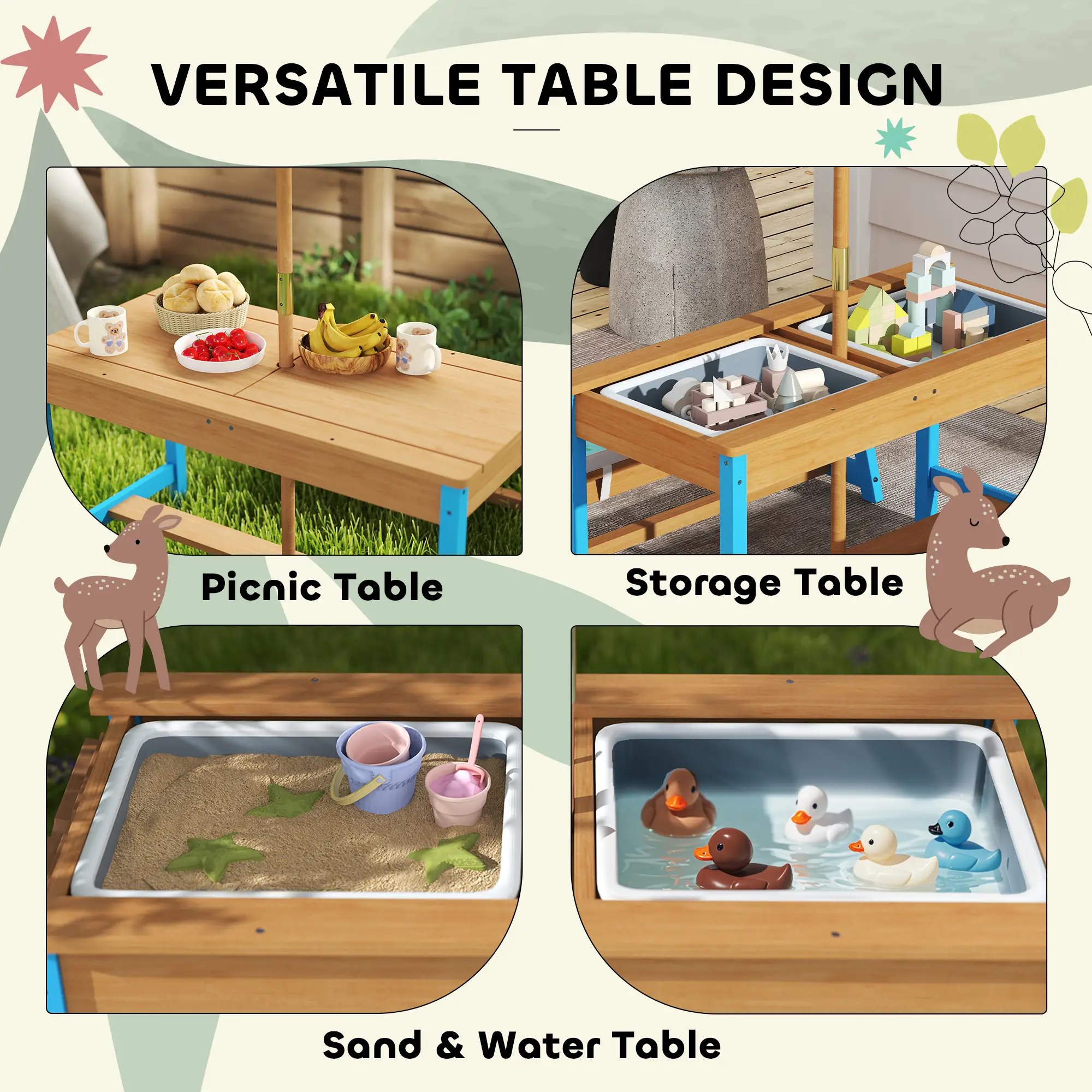 Kids Picnic Table Bench Set with Umbrella, Cushions, Boxes, Dinosaur Theme, Blue - Image 5