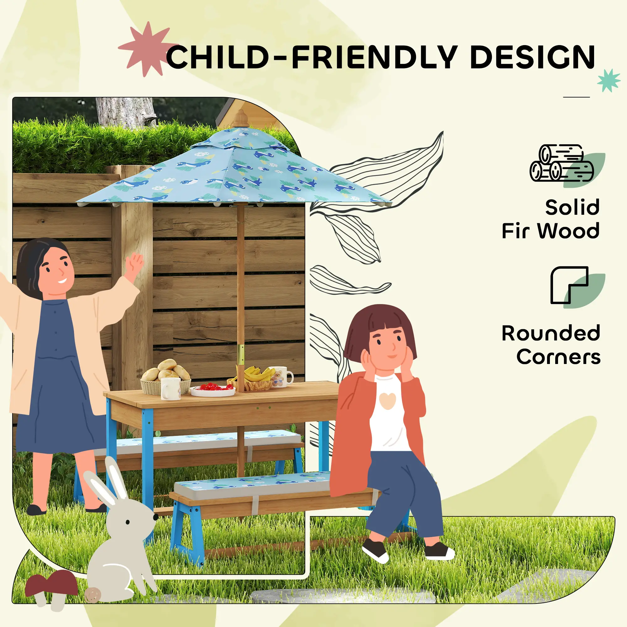 Kids Picnic Table Bench Set with Umbrella, Cushions, Boxes, Dinosaur Theme, Blue - Image 6