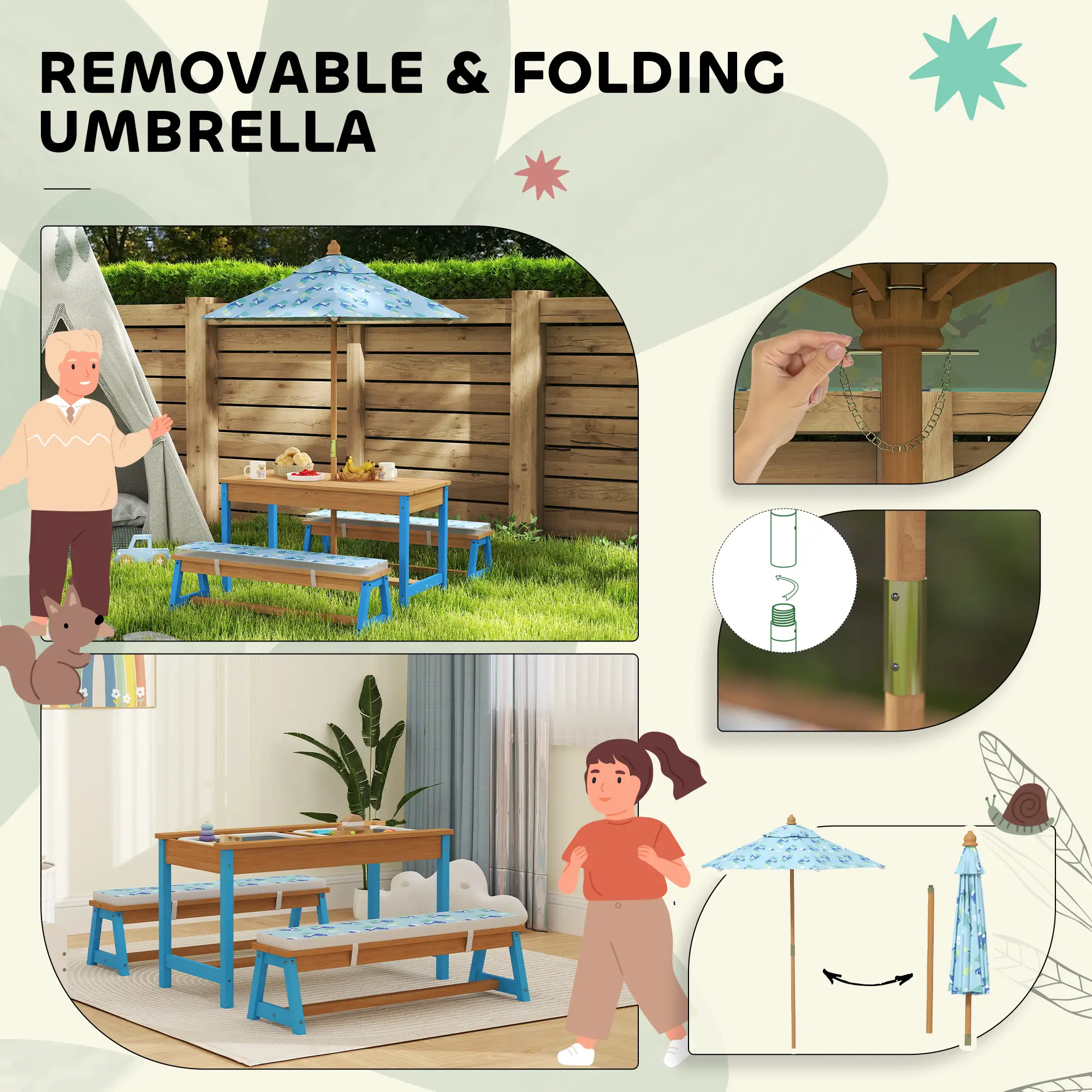 Kids Picnic Table Bench Set with Umbrella, Cushions, Boxes, Dinosaur Theme, Blue - Image 7