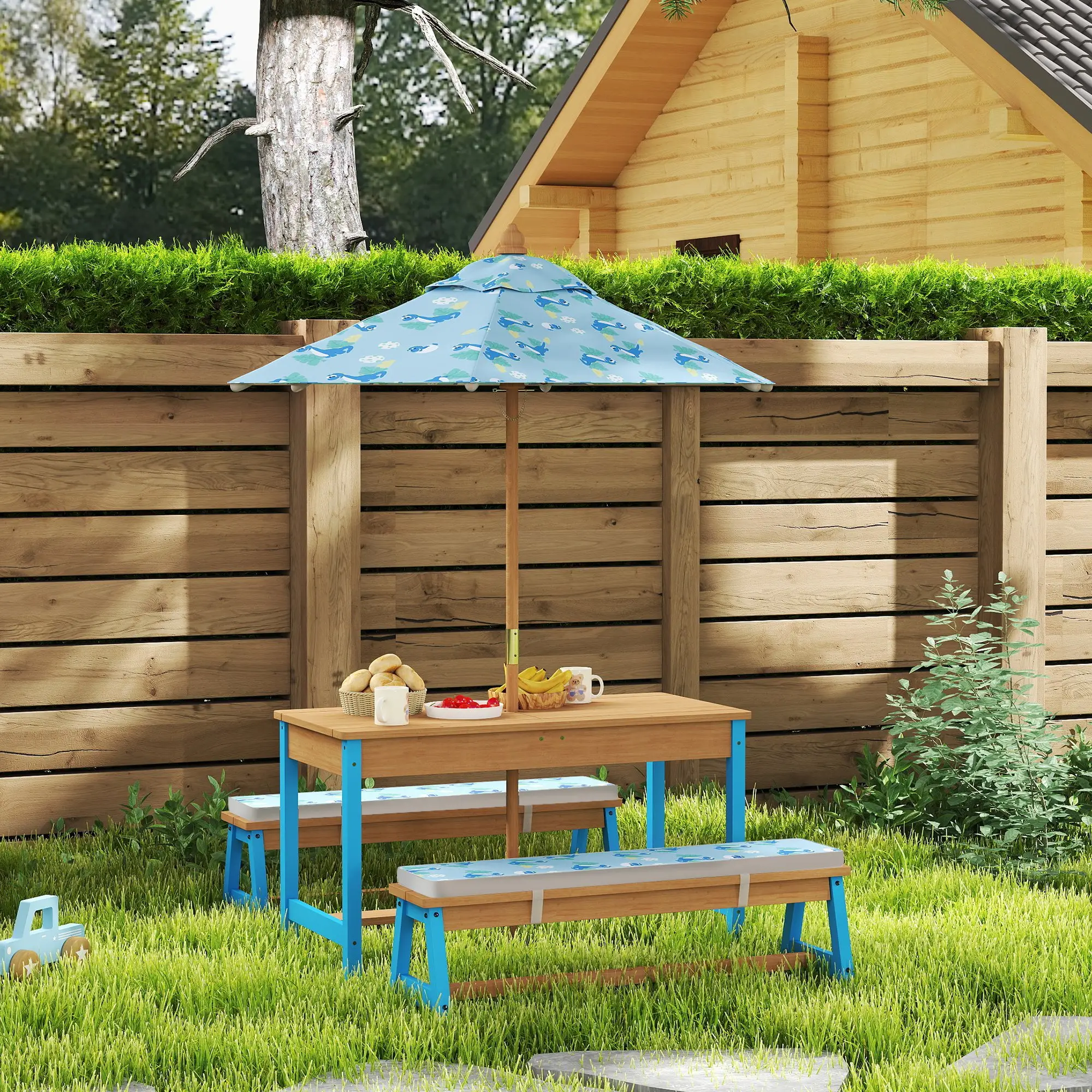 Kids Picnic Table Bench Set with Umbrella, Cushions, Boxes, Dinosaur Theme, Blue - Image 8