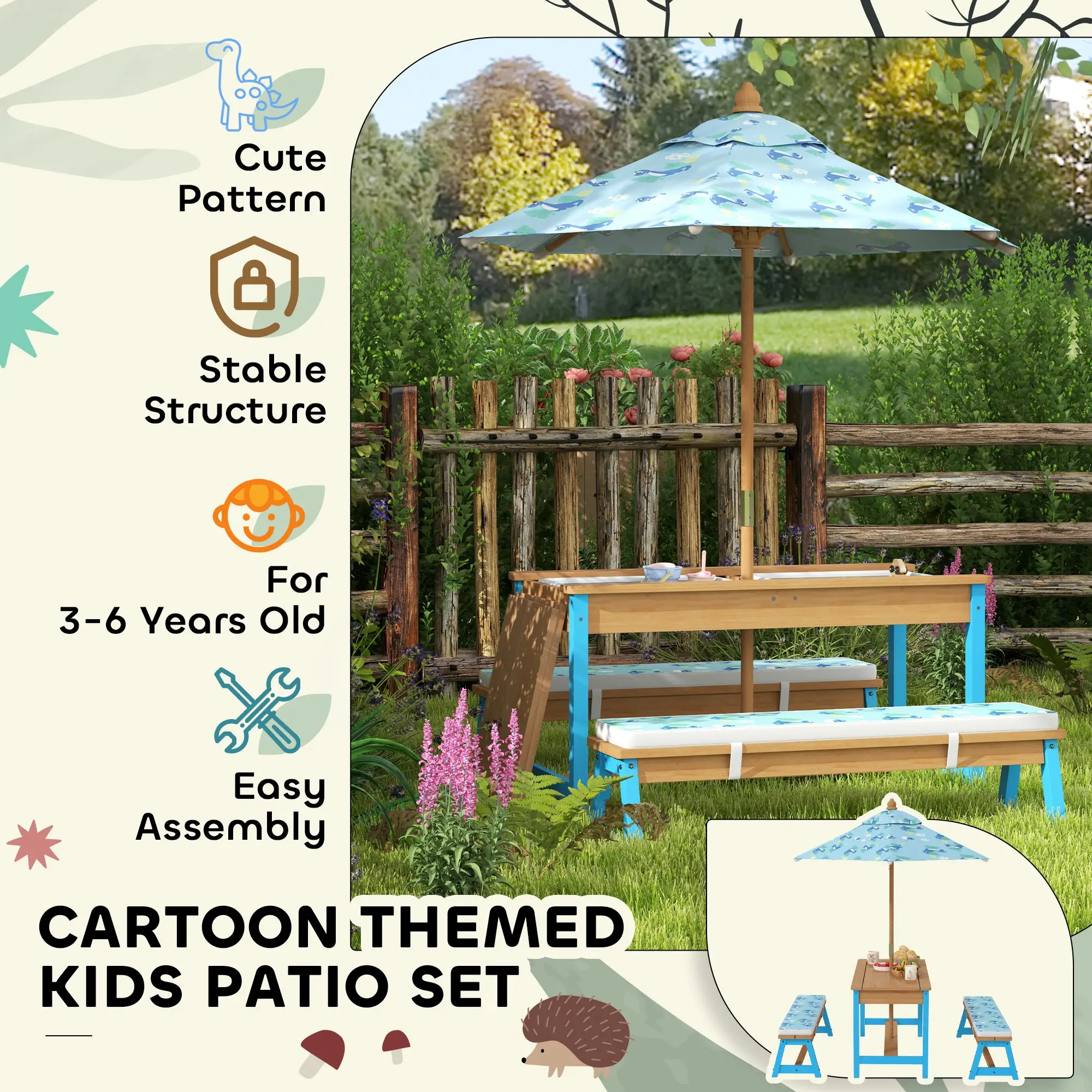 Kids Picnic Table Bench Set with Umbrella, Cushions, Boxes, Dinosaur Theme, Blue - Image 9