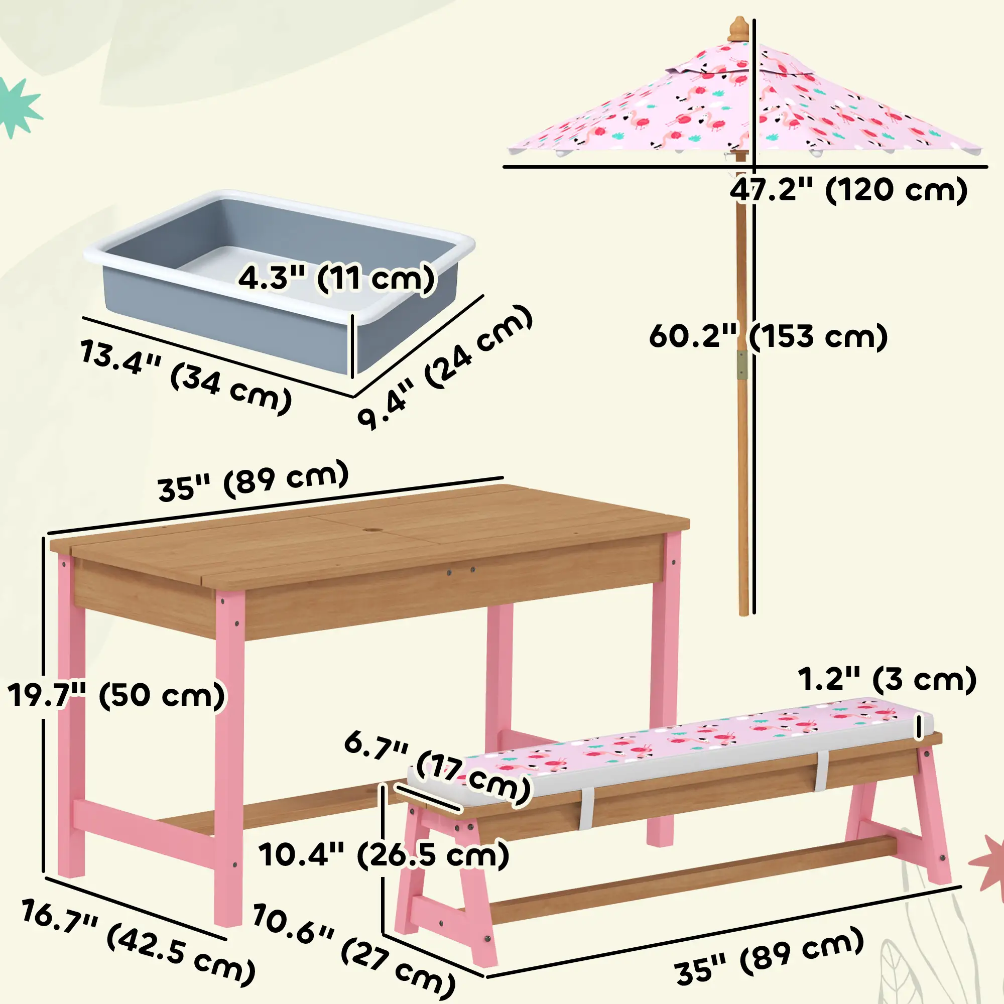 Kids Picnic Table With Bench, Removable Umbrella, Flamingo Theme, Pink - Image 3