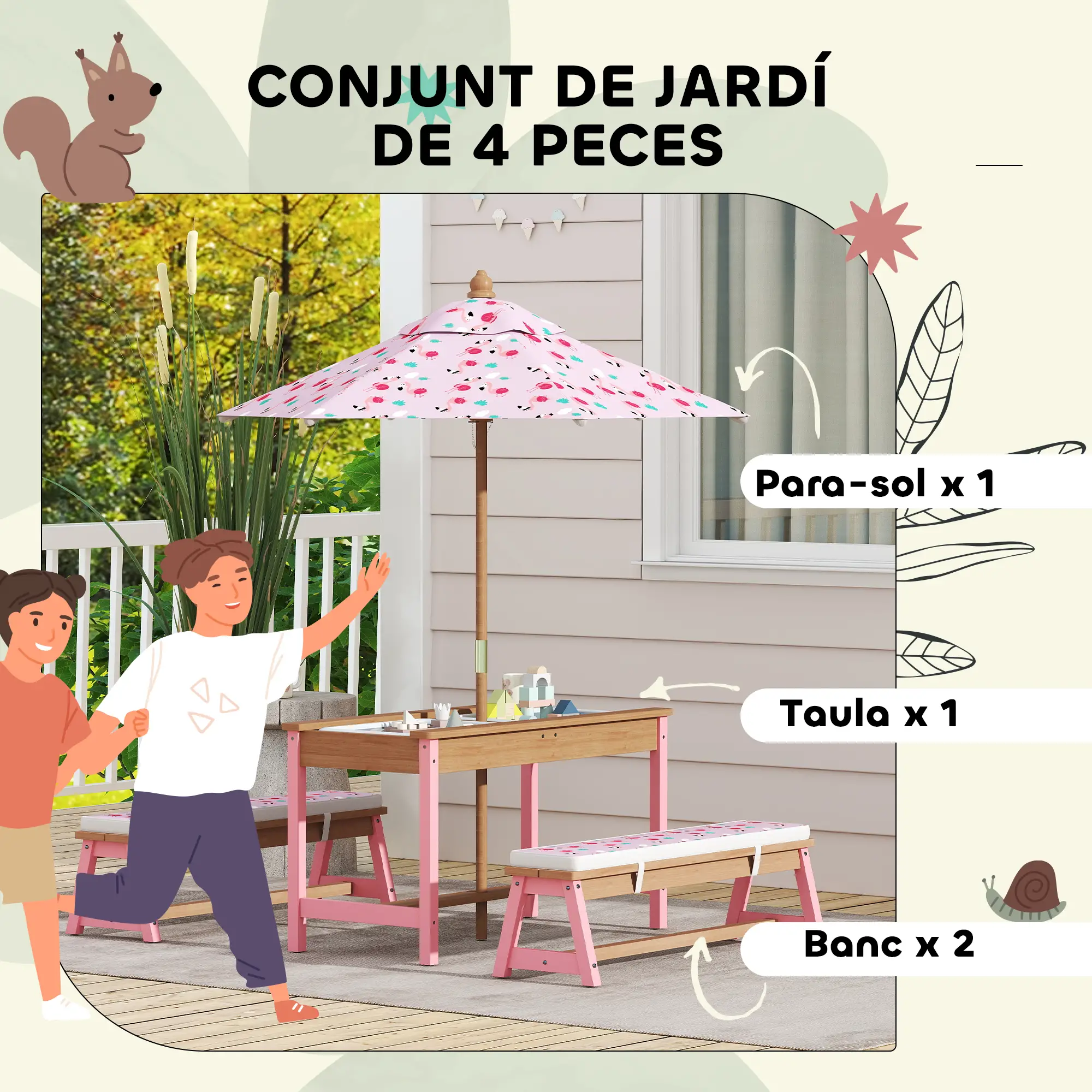Kids Picnic Table With Bench, Removable Umbrella, Flamingo Theme, Pink - Image 4