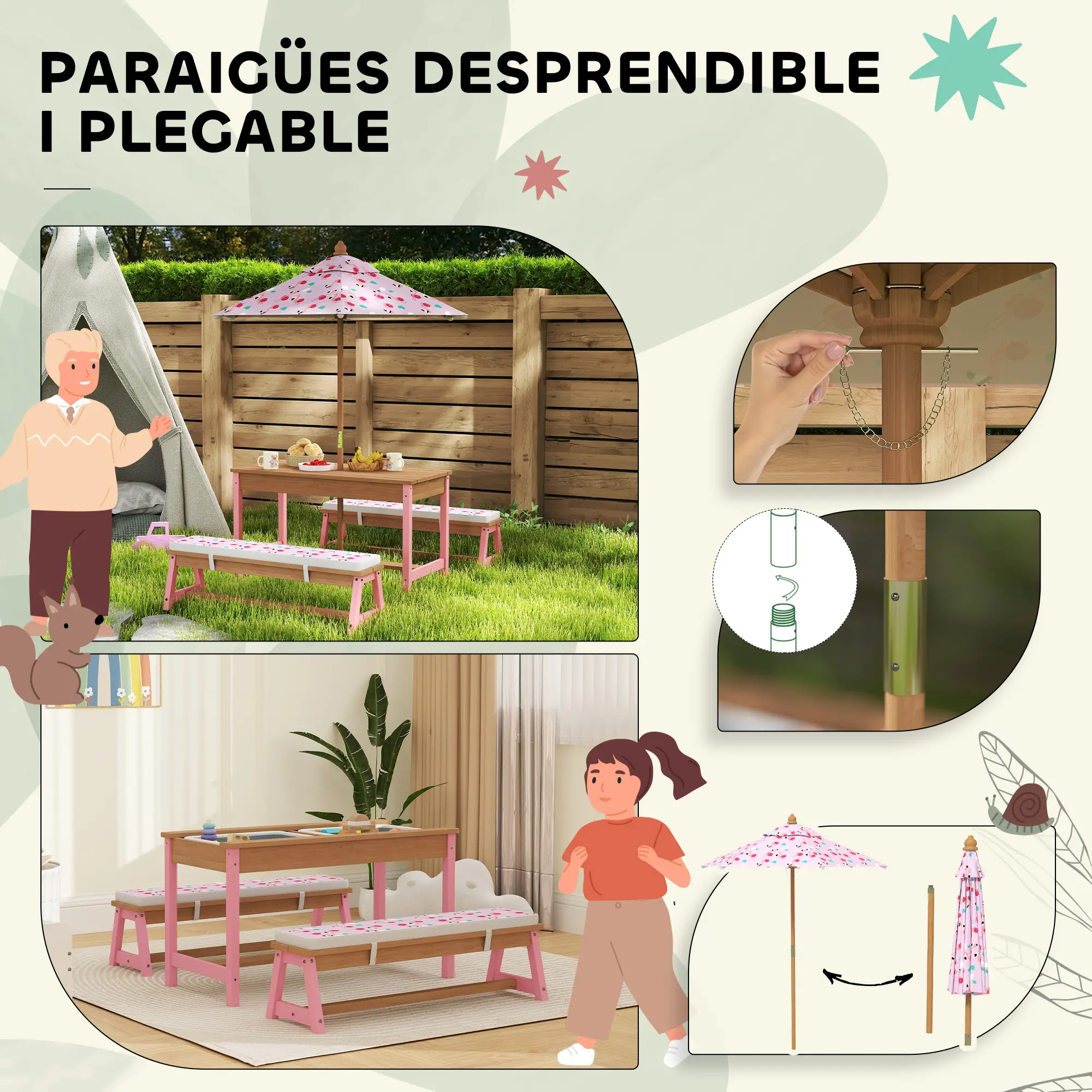Kids Picnic Table With Bench, Removable Umbrella, Flamingo Theme, Pink - Image 7