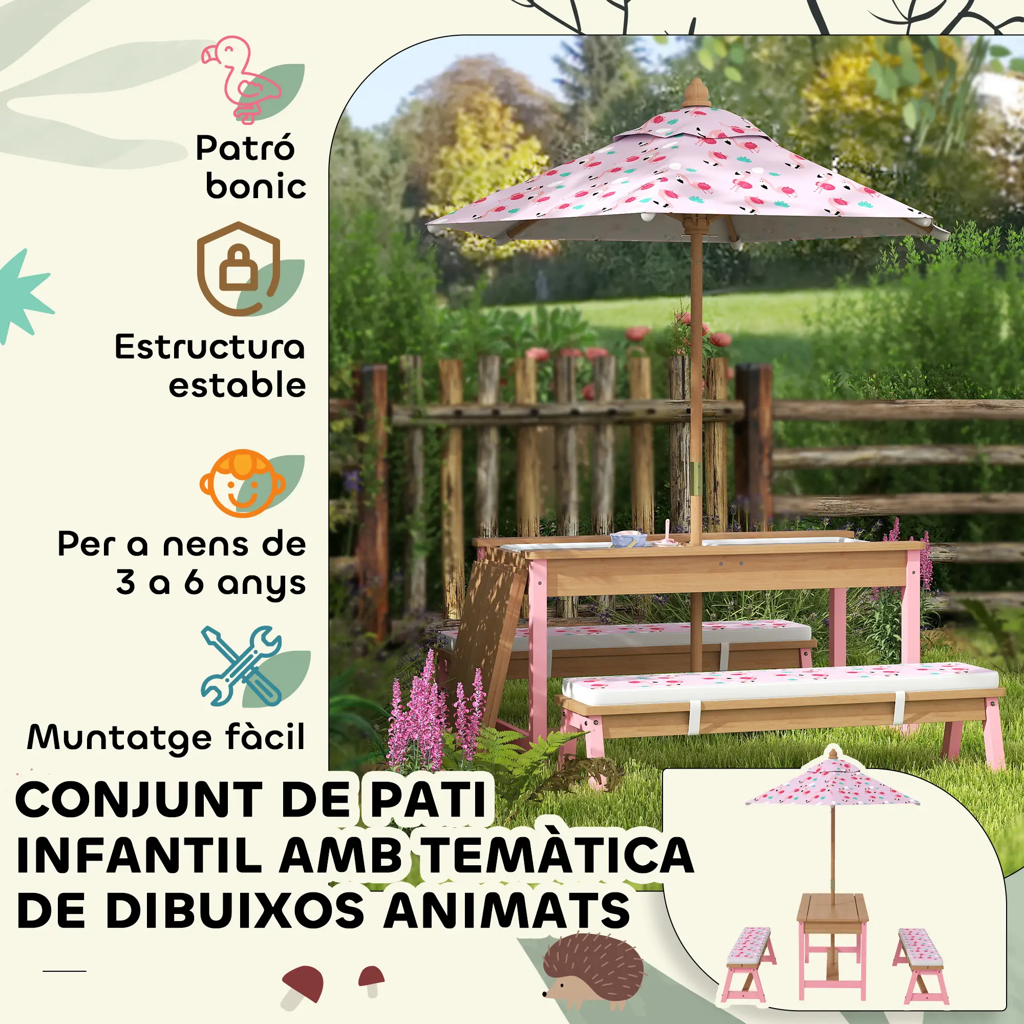 Kids Picnic Table With Bench, Removable Umbrella, Flamingo Theme, Pink - Image 9