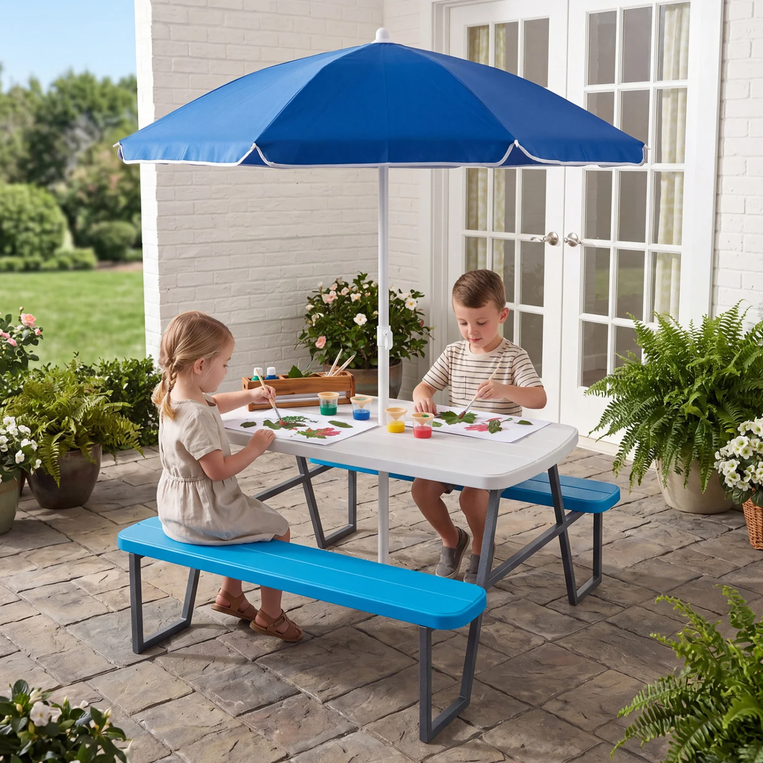 Kids Picnic Table with Benches, Blue - Image 3