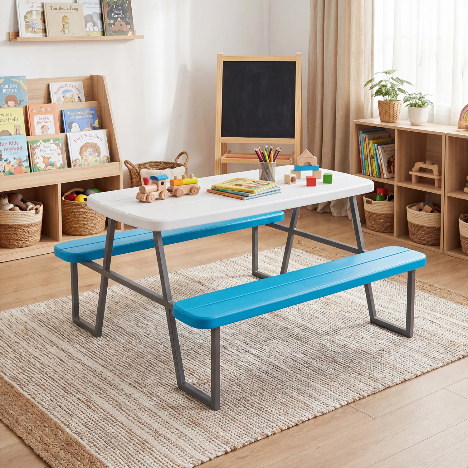 Kids Picnic Table with Benches, Blue - Image 6