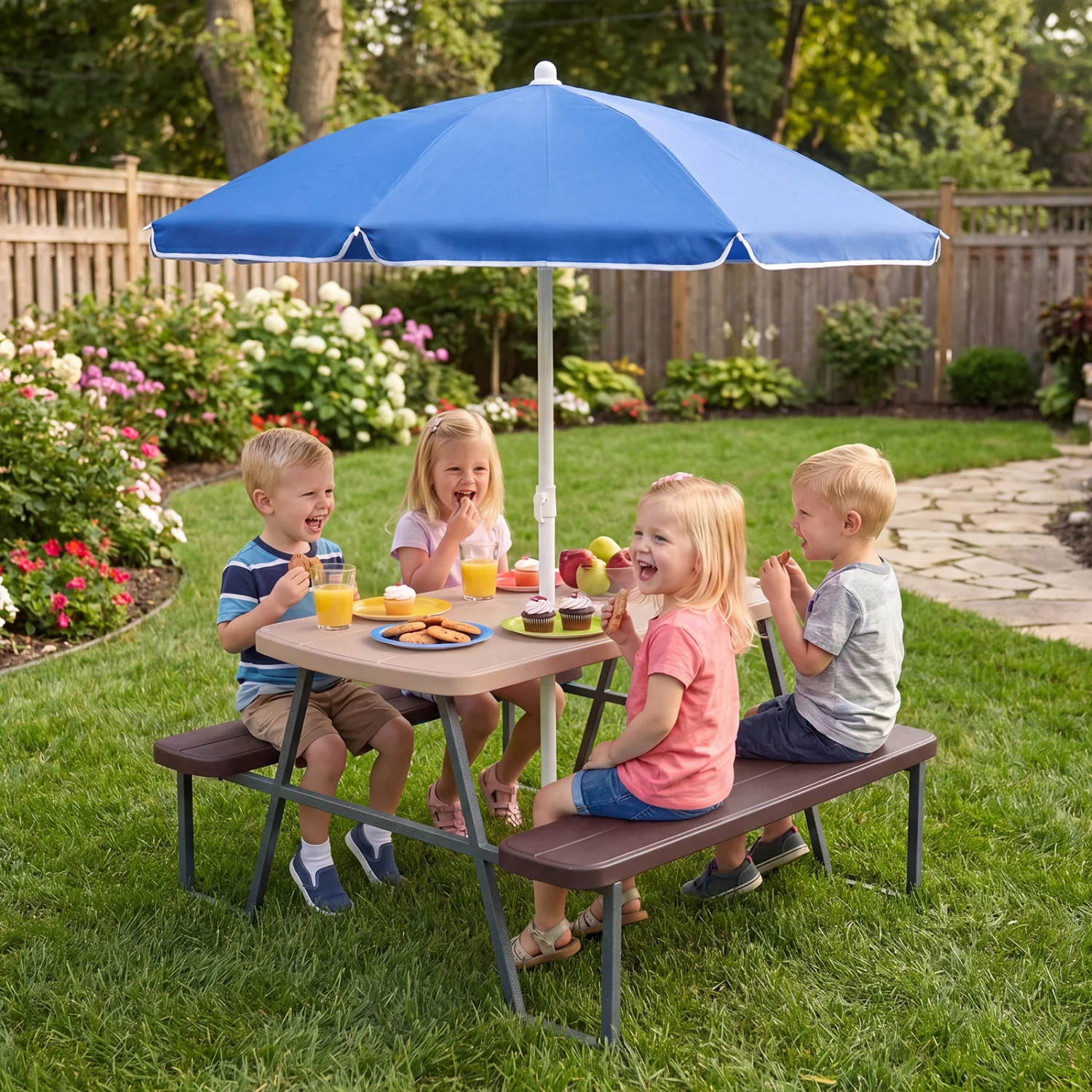 Kids Picnic Table with Benches, Brown - Image 2