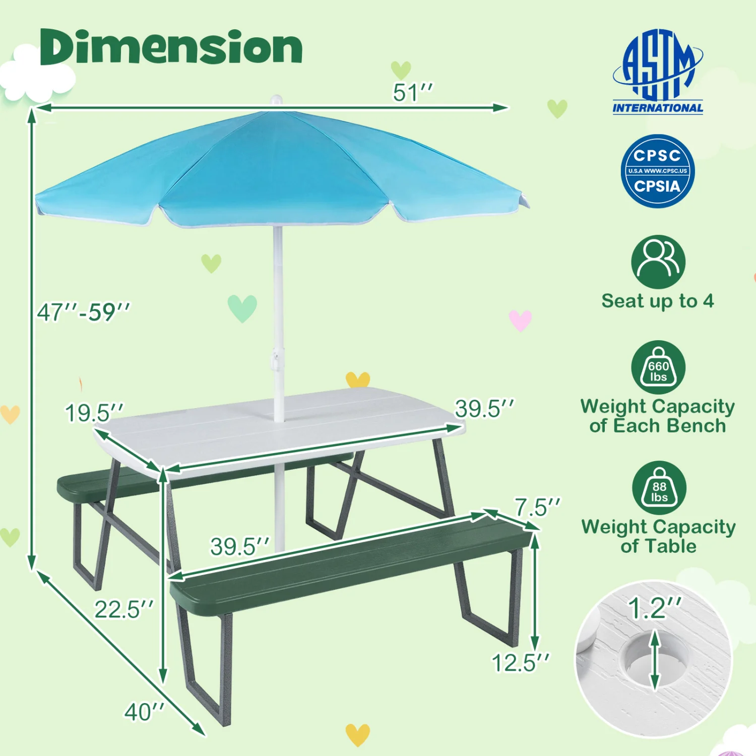 Kids Picnic Table with Benches, Green - Image 5