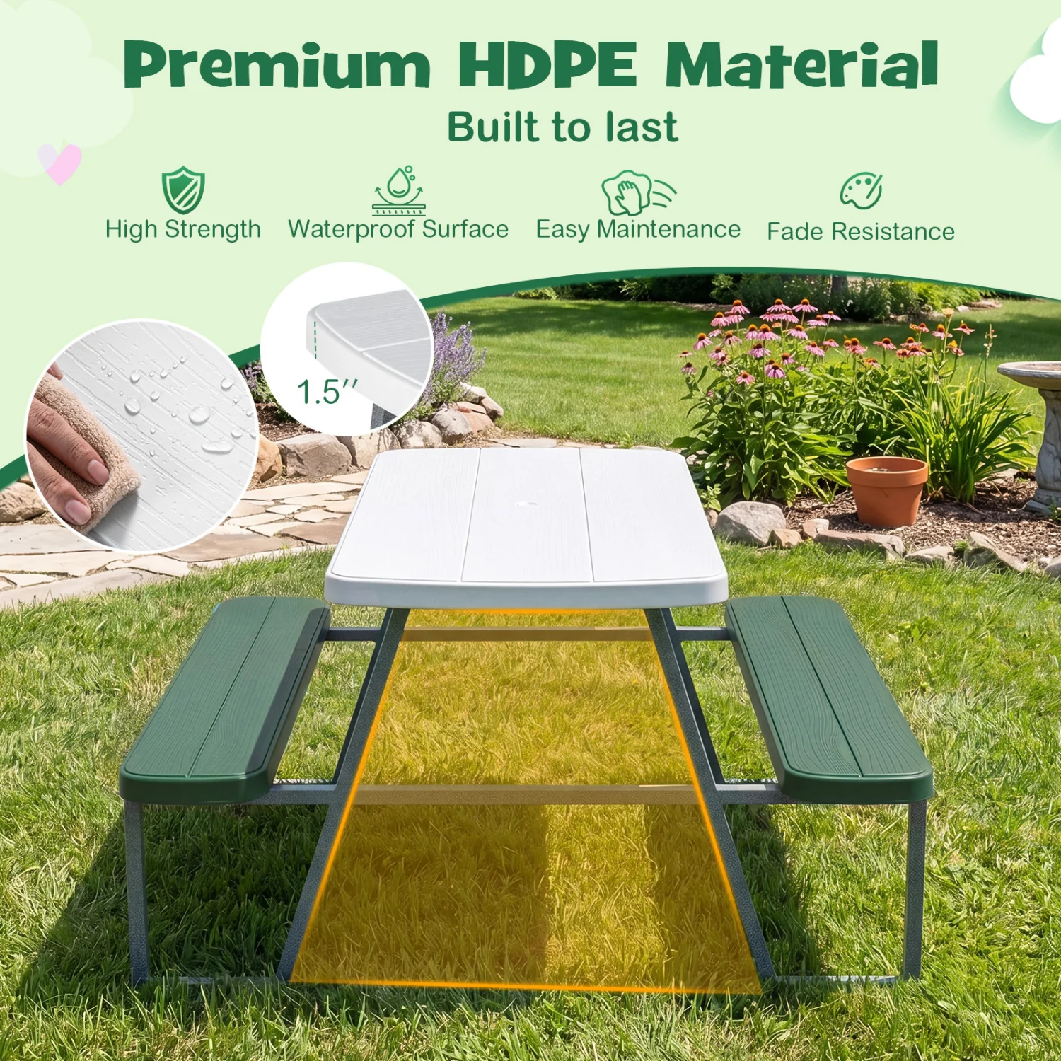 Kids Picnic Table with Benches, Green - Image 9