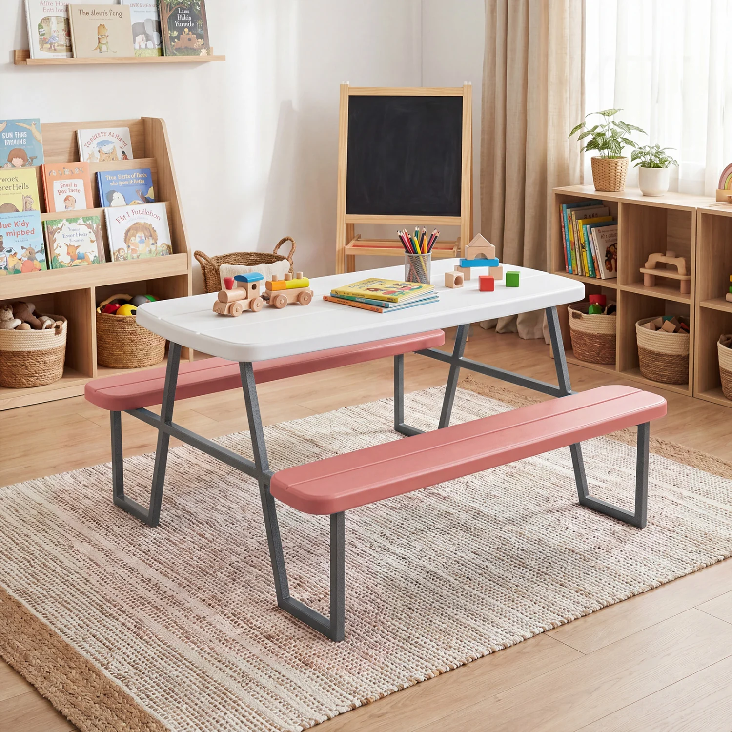 Kids Picnic Table with Benches, Seats 4, Pink - Image 6