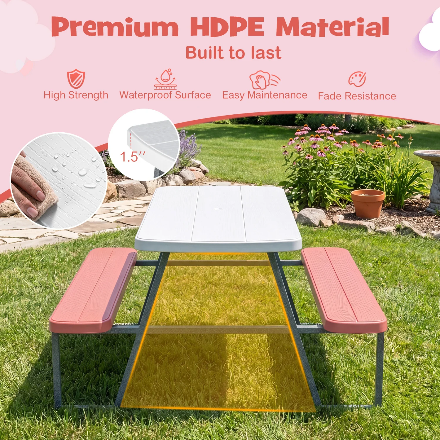 Kids Picnic Table with Benches, Seats 4, Pink - Image 9