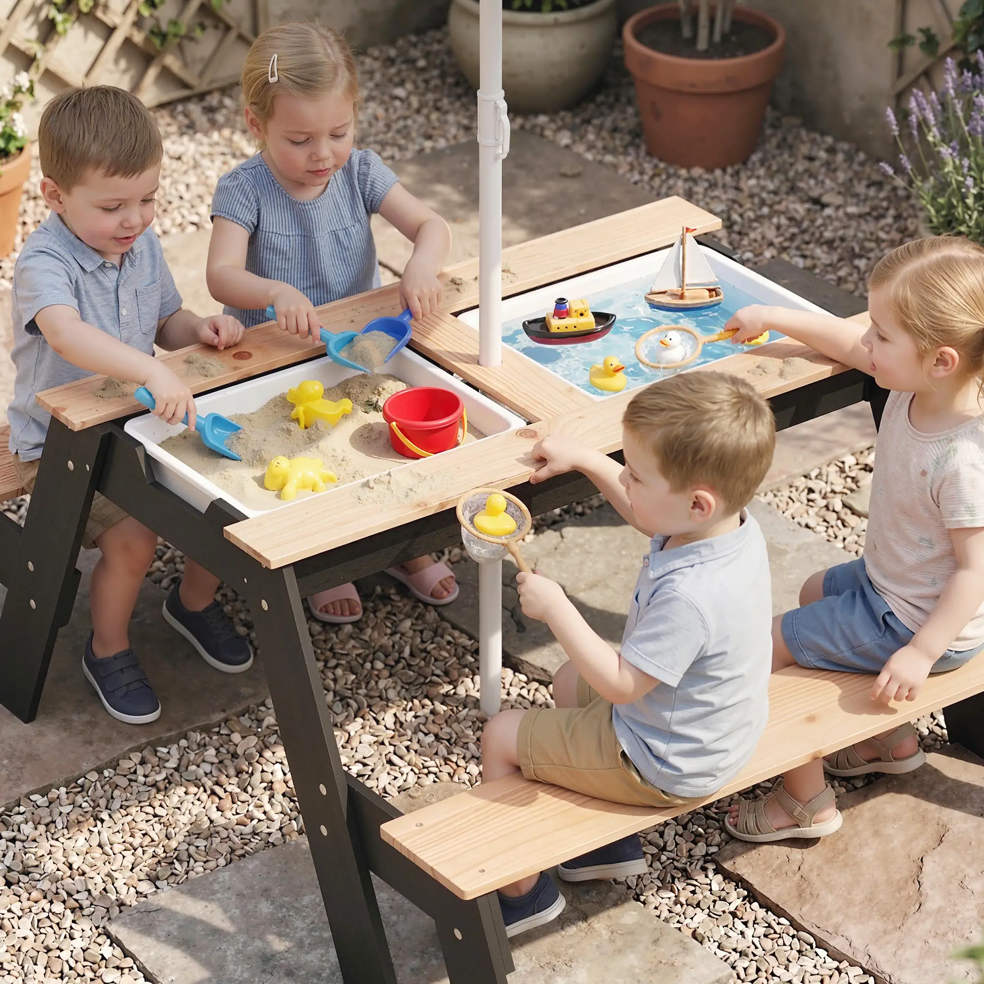 Kids Picnic Table with Umbrella, 3 in 1 Wooden Sand &; Water Table with 2 Hidden Play Boxes for Patio, Ages 3-6 - Image 10