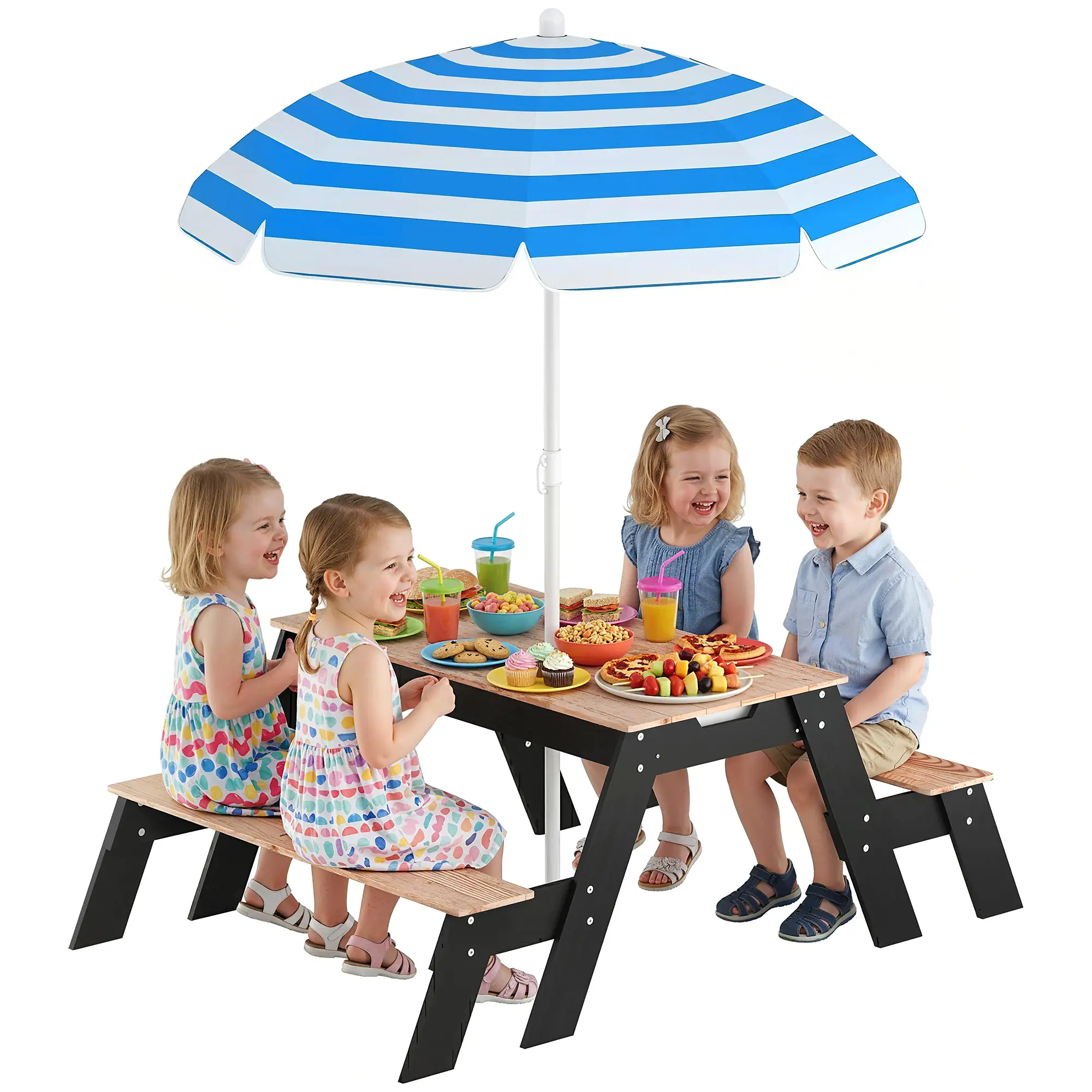 Kids Picnic Table with Umbrella, 3 in 1 Wooden Sand &; Water Table with 2 Hidden Play Boxes for Patio, Ages 3-6 - Image 11