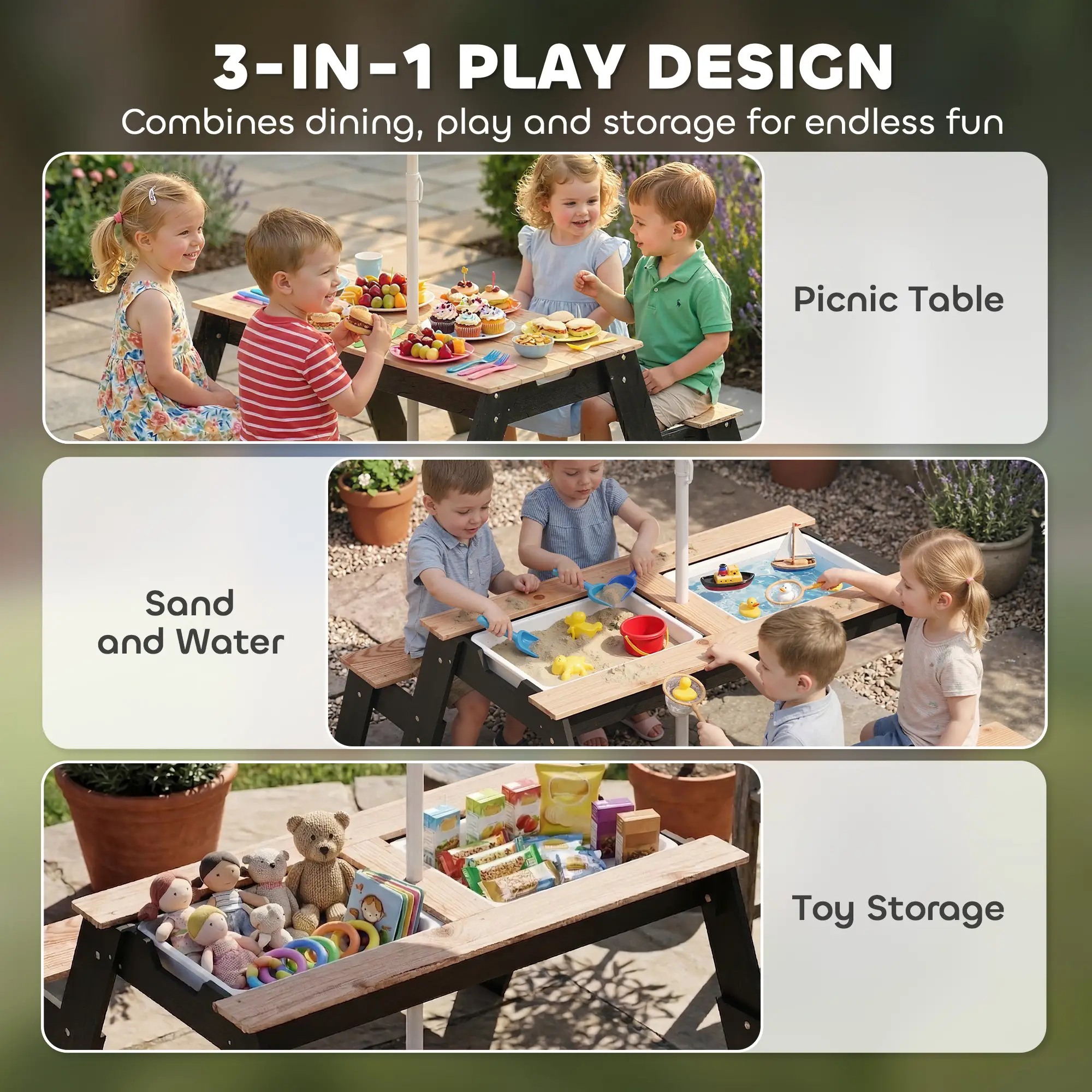 Kids Picnic Table with Umbrella, 3 in 1 Wooden Sand &; Water Table with 2 Hidden Play Boxes for Patio, Ages 3-6 - Image 4