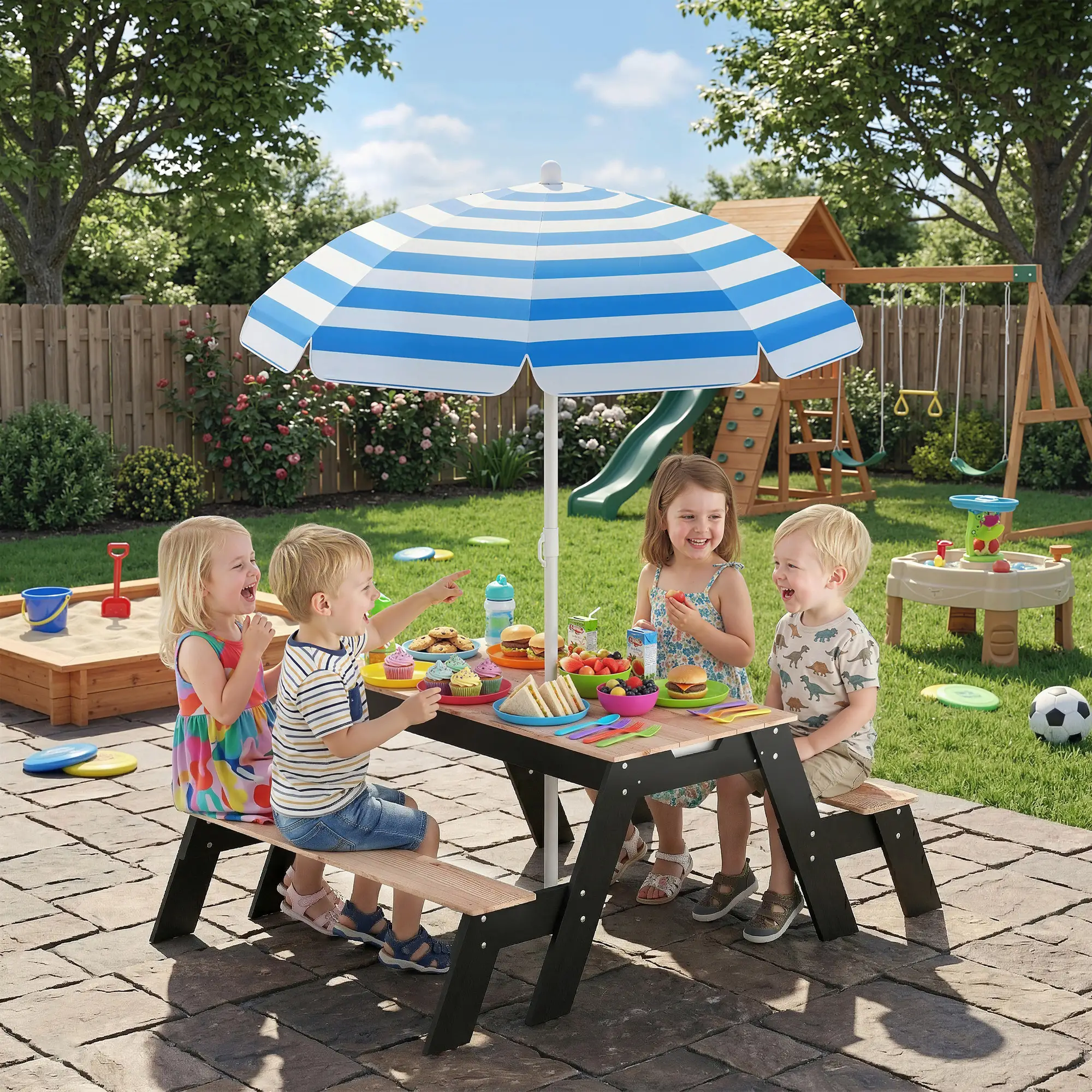 Kids Picnic Table with Umbrella, 3 in 1 Wooden Sand &; Water Table with 2 Hidden Play Boxes for Patio, Ages 3-6 - Image 8