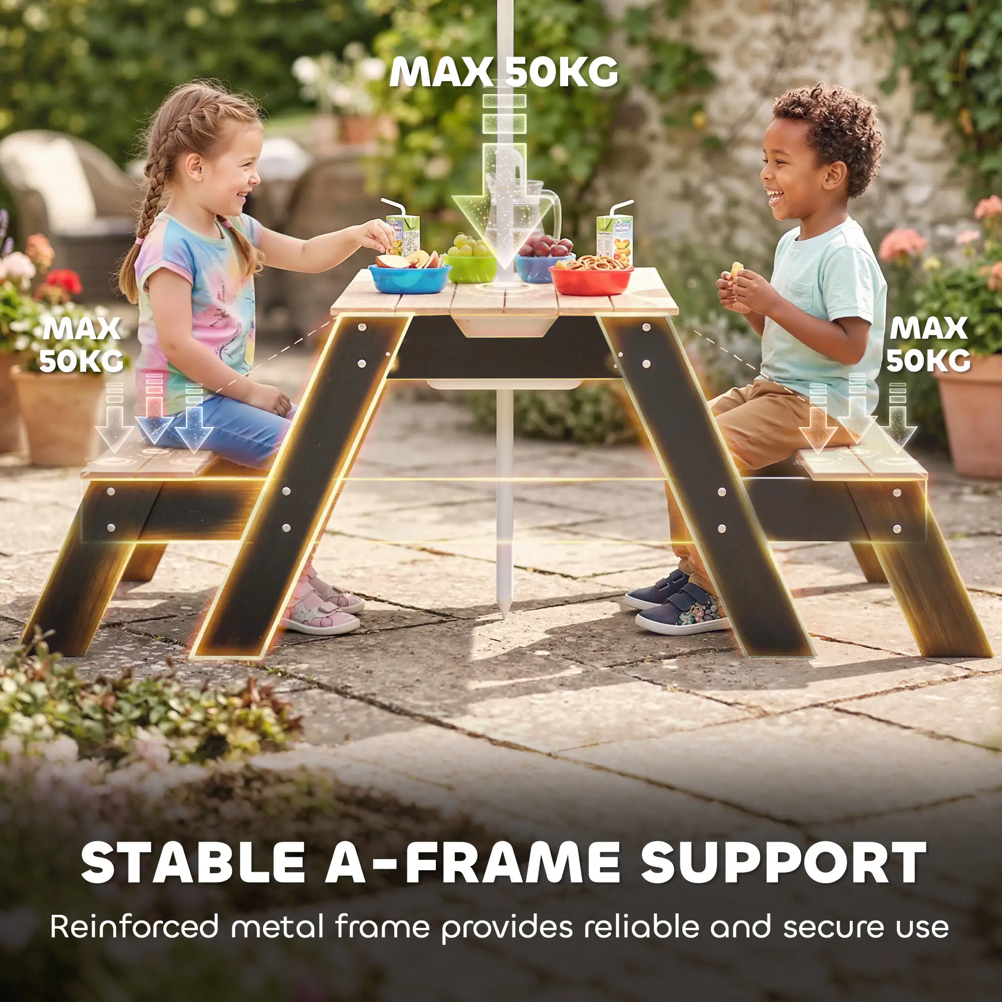 Kids Picnic Table with Umbrella, 3 in 1 Wooden Sand &; Water Table with 2 Hidden Play Boxes for Patio, Ages 3-6 - Image 9