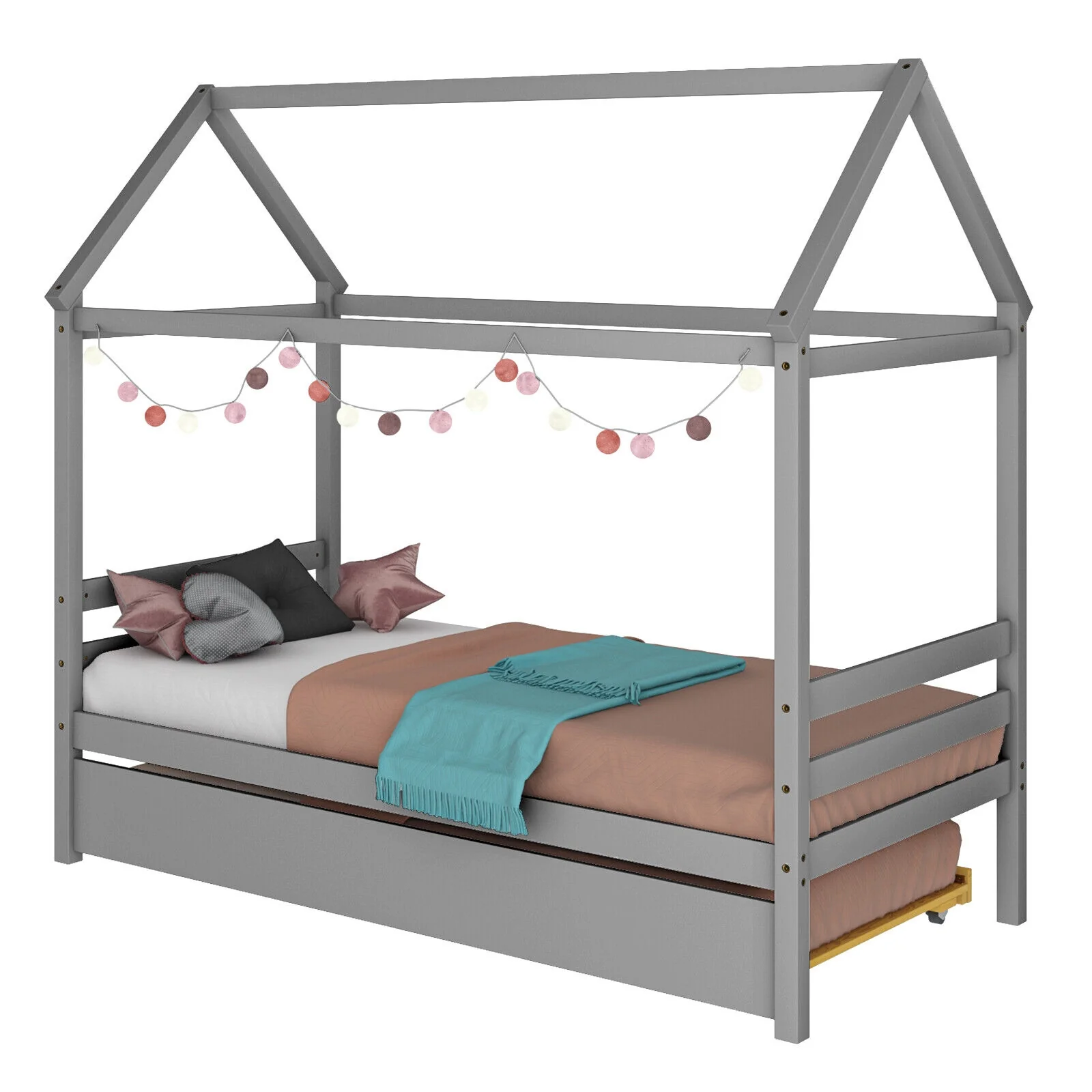 Kids Platform Bed Frame With Roof, Gray - Image 5