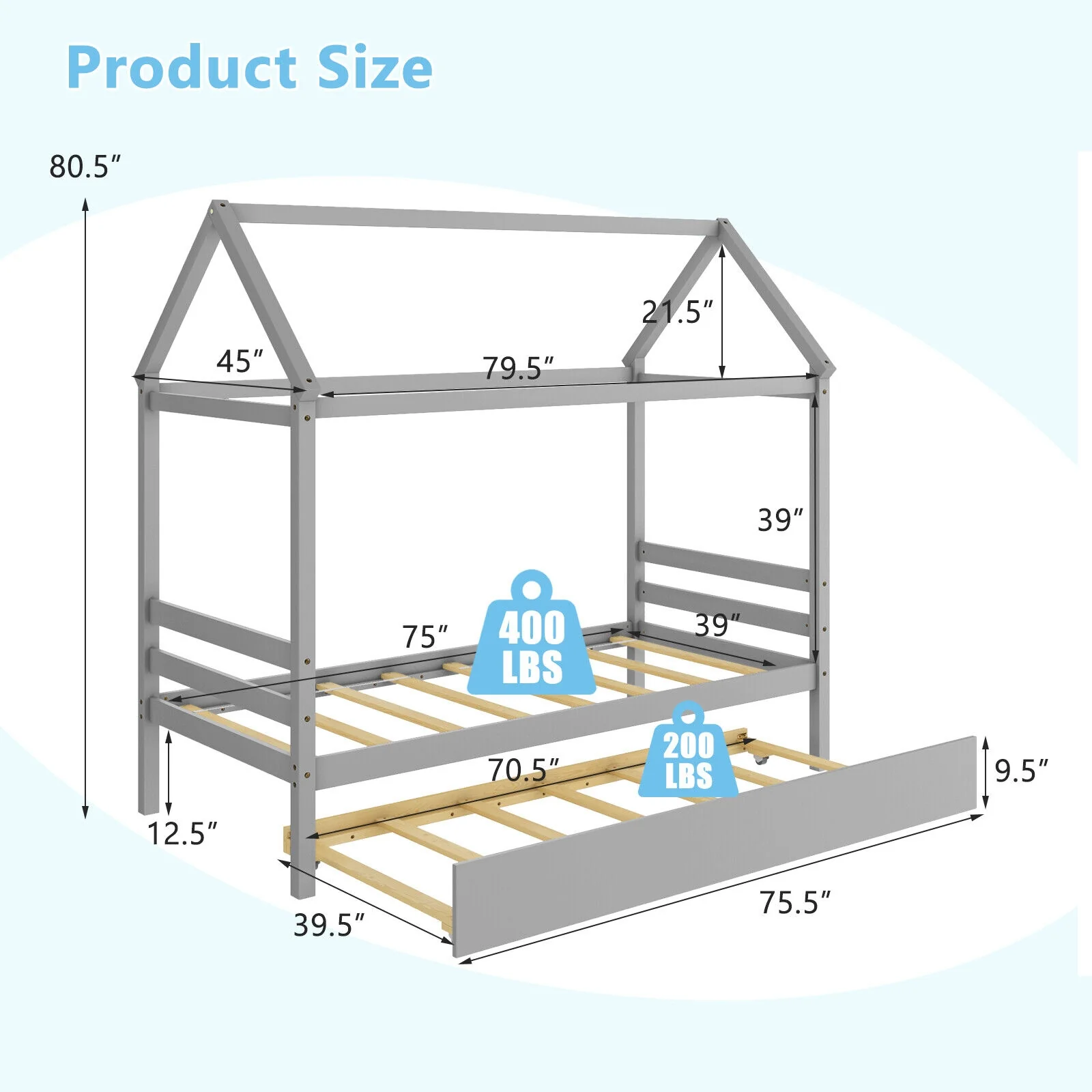 Kids Platform Bed Frame With Roof, Gray - Image 6