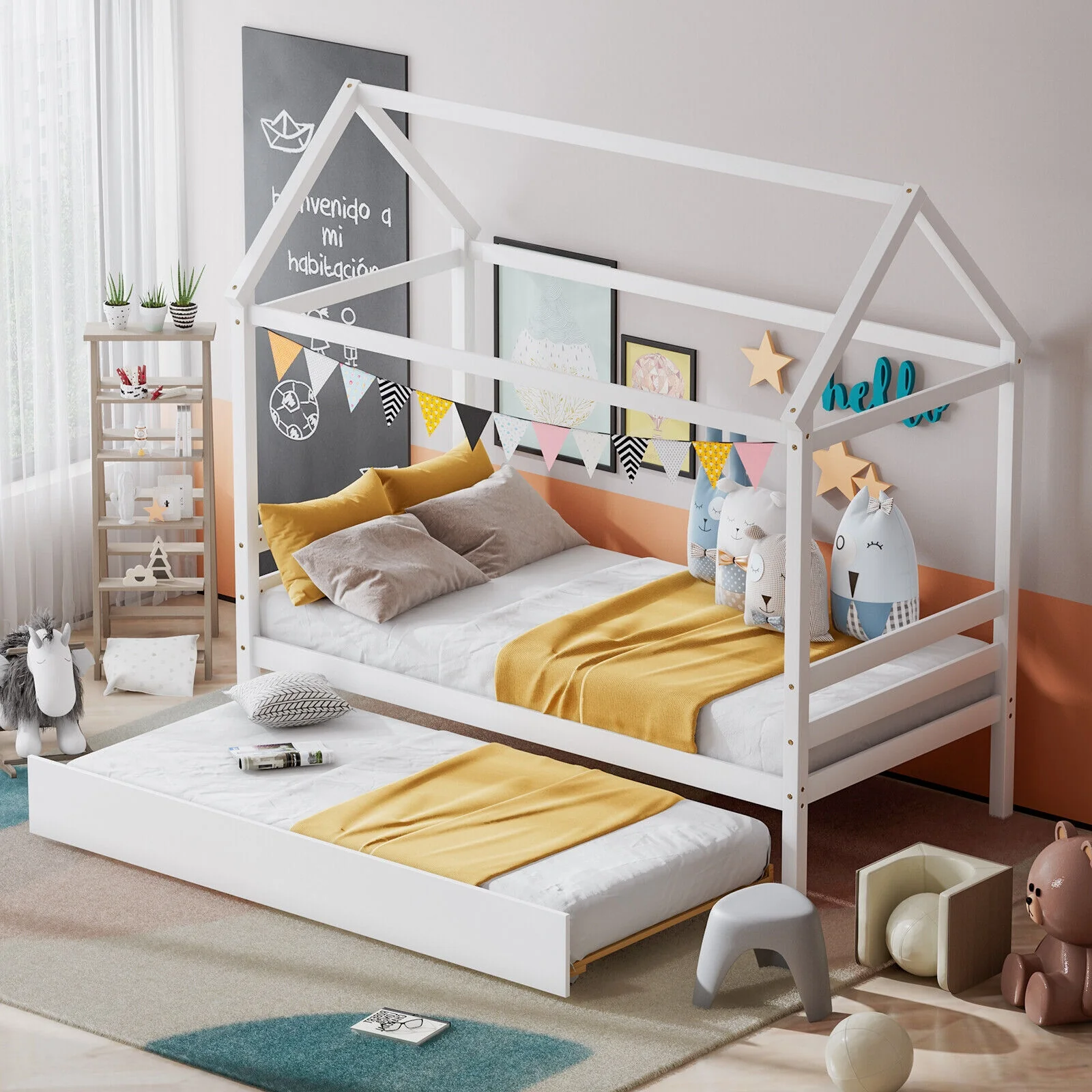 Kids Platform Bed Frame With Roof, White - Image 2