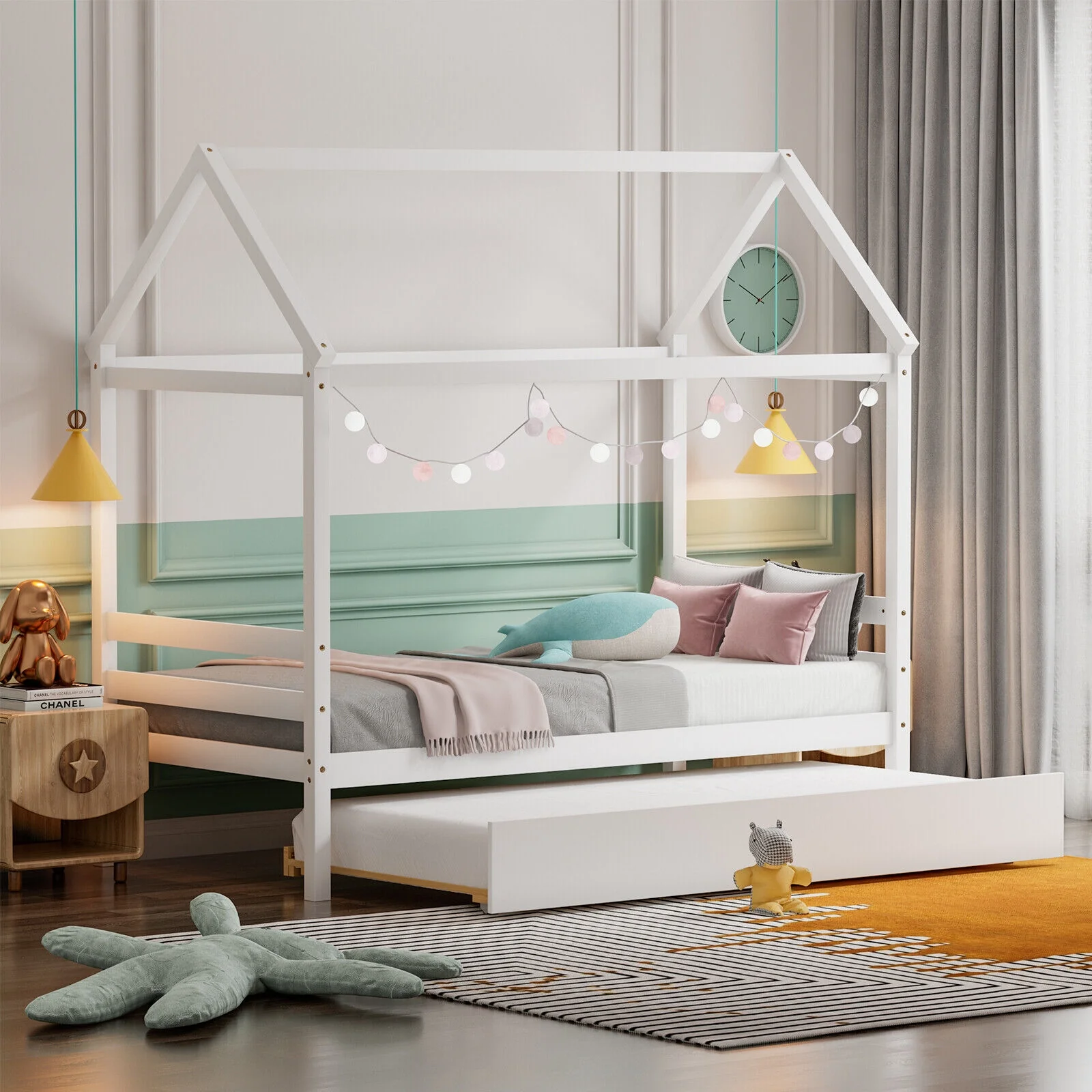 Kids Platform Bed Frame With Roof, White - Image 3