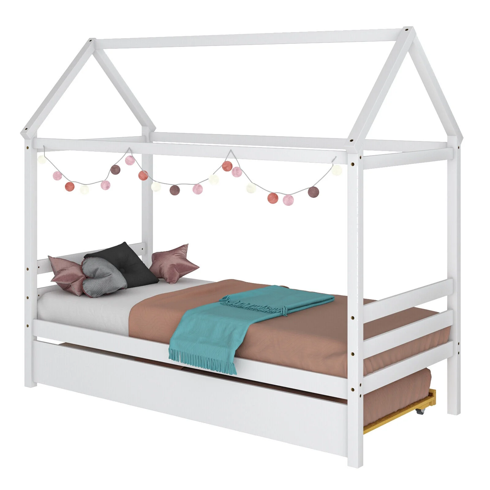 Kids Platform Bed Frame With Roof, White - Image 5