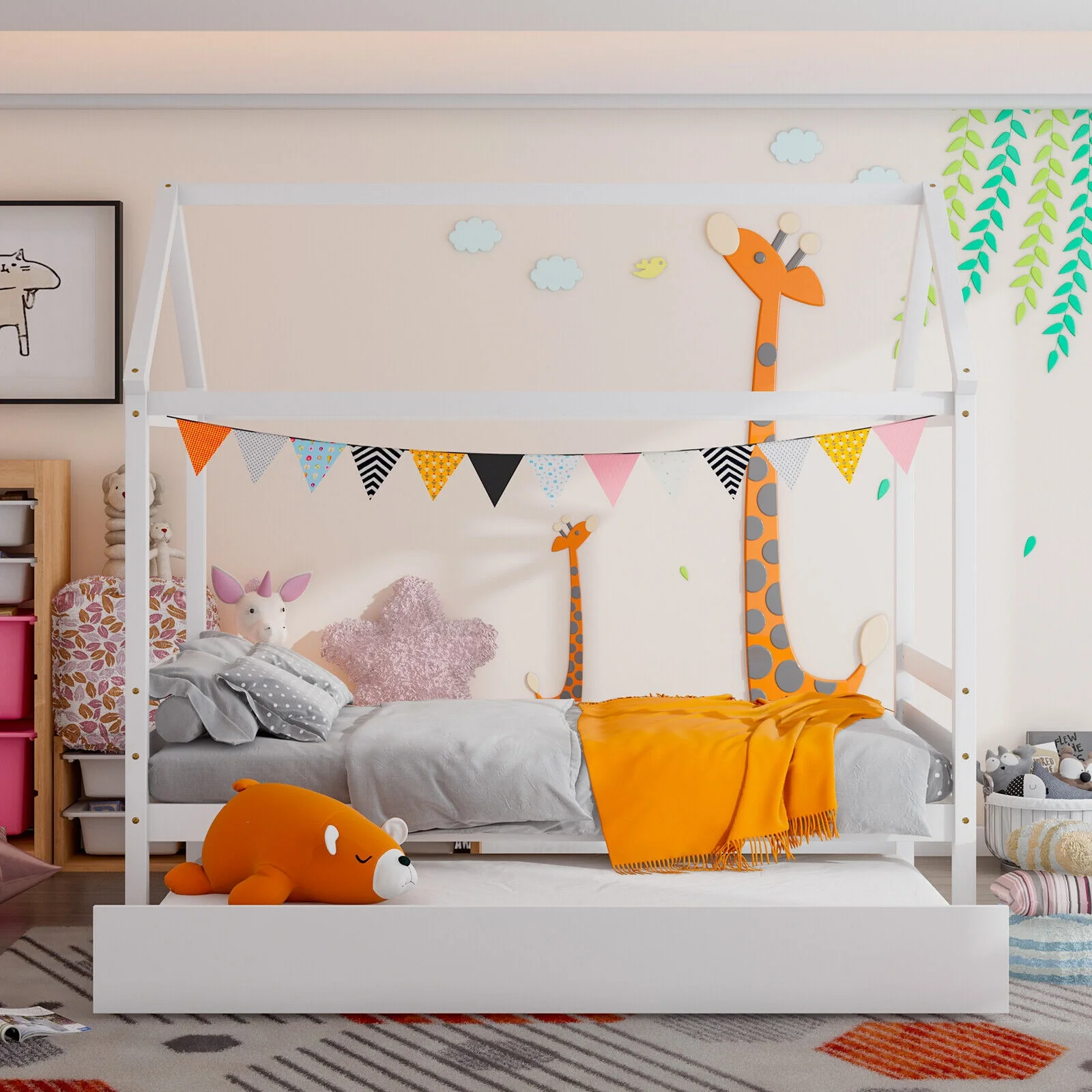 Kids Platform Bed Frame With Roof, White - Image 7