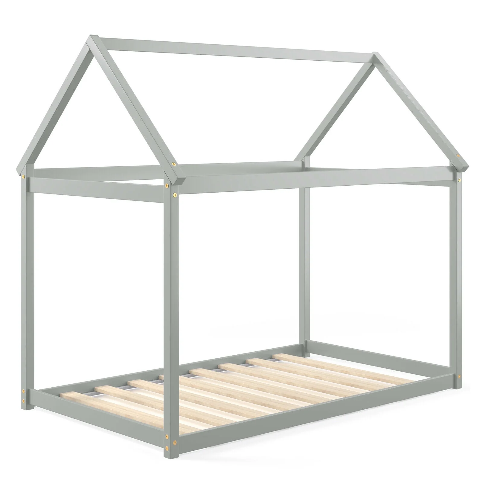 Kids Platform Floor Bed With Roof, Heavy-Duty Slats, Gray