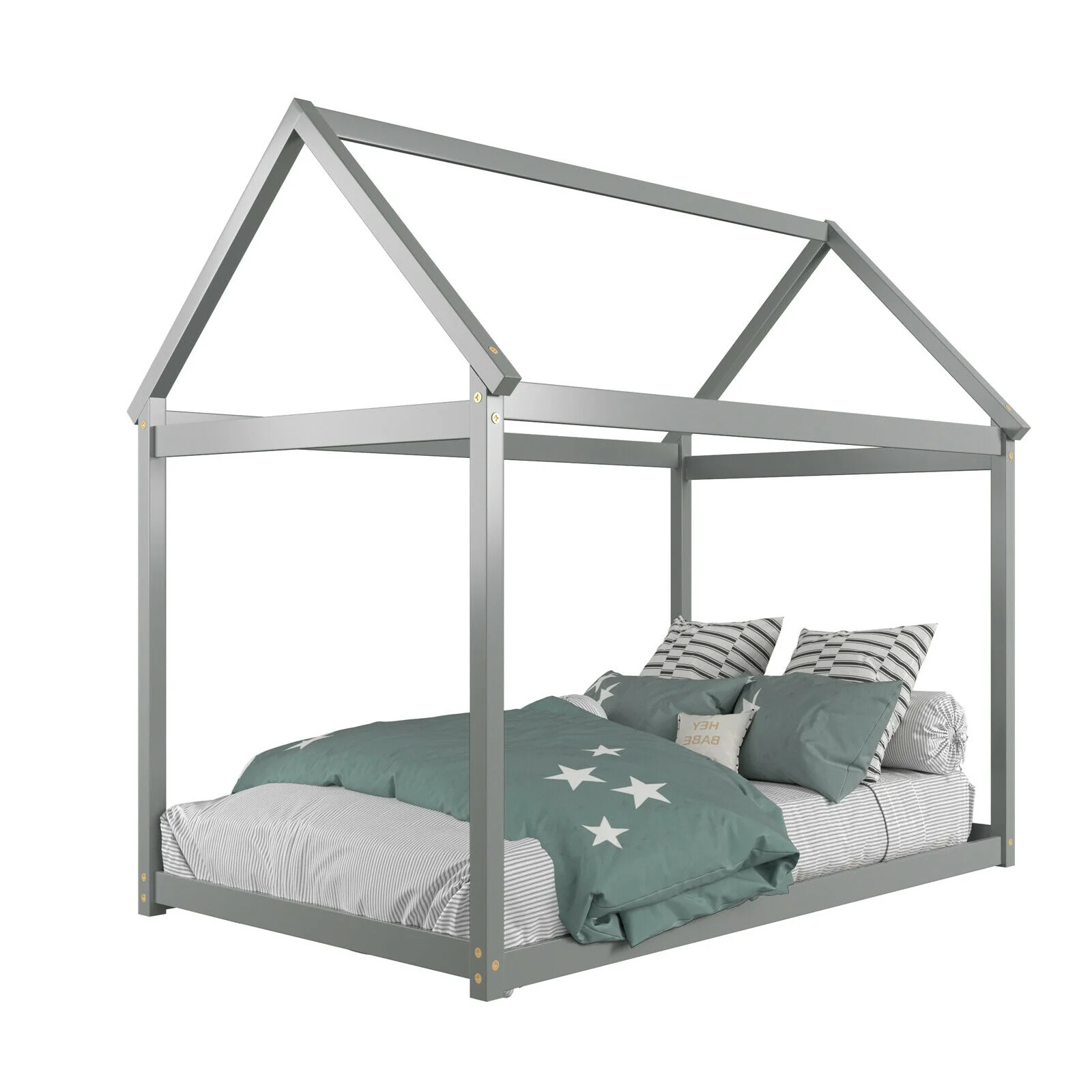 Kids Platform Floor Bed With Roof, Heavy-Duty Slats, Gray - Image 10