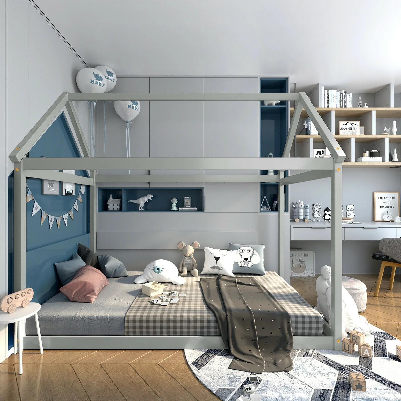 Kids Platform Floor Bed With Roof, Heavy-Duty Slats, Gray - Image 2