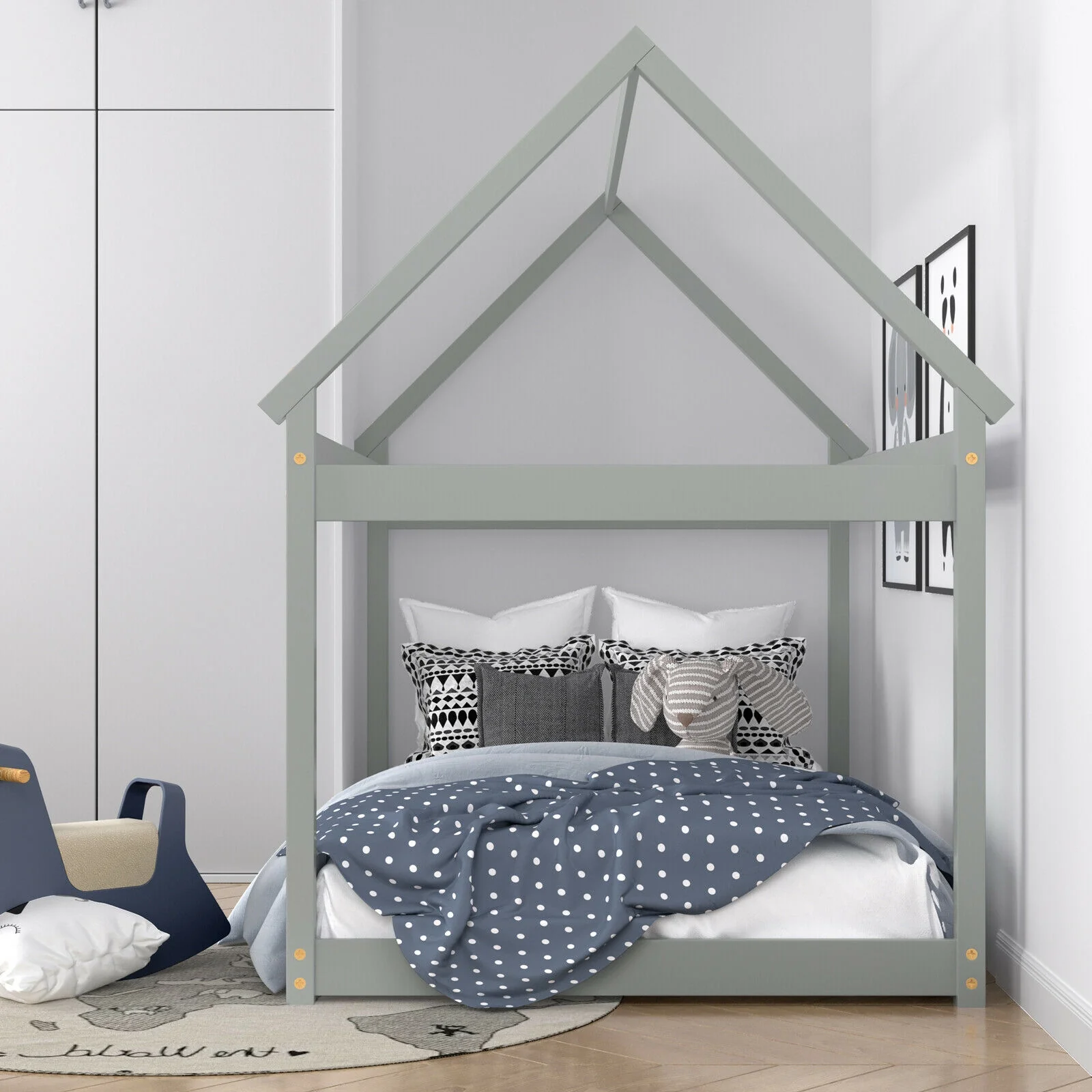 Kids Platform Floor Bed With Roof, Heavy-Duty Slats, Gray - Image 7