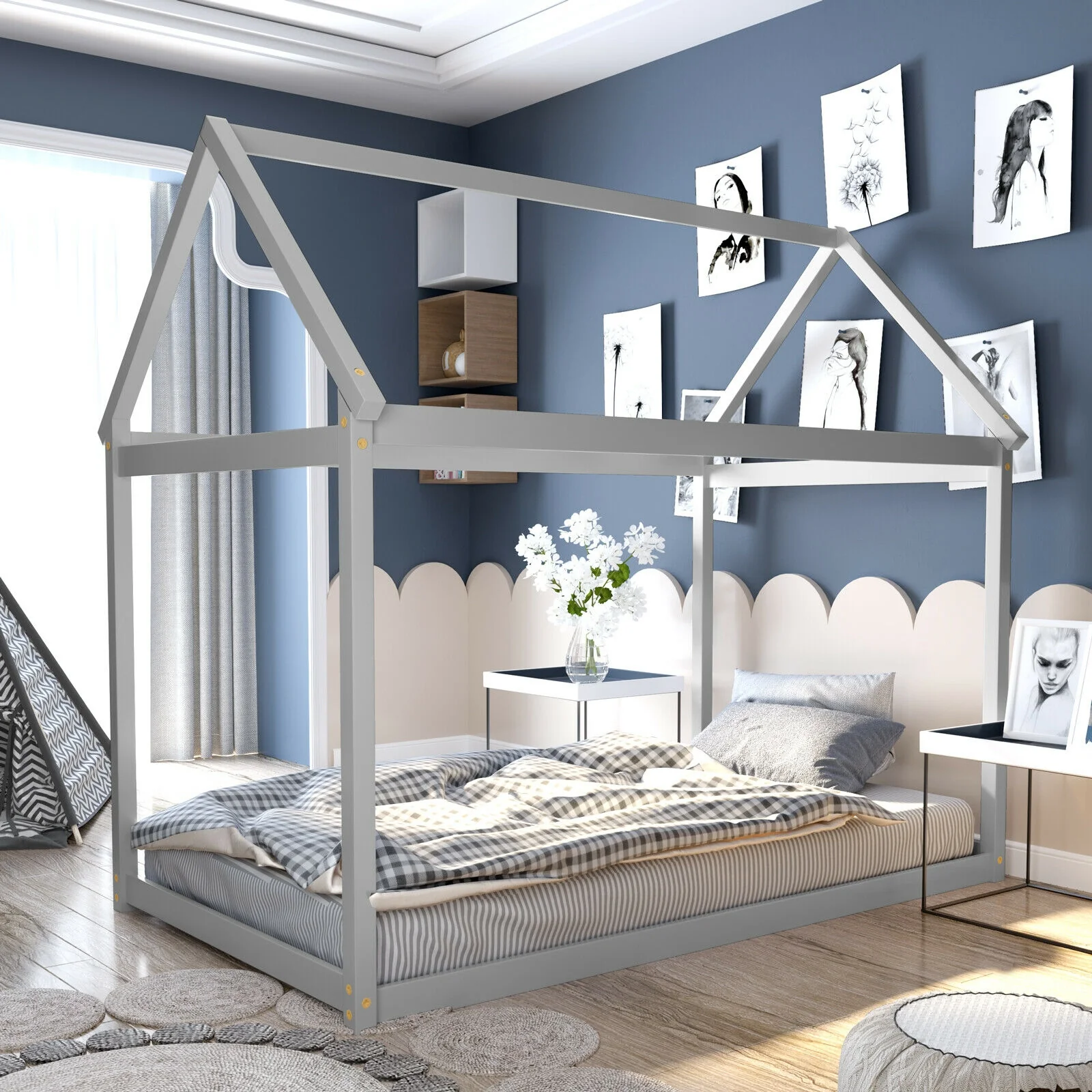 Kids Platform Floor Bed With Roof, Heavy-Duty Slats, Gray - Image 8