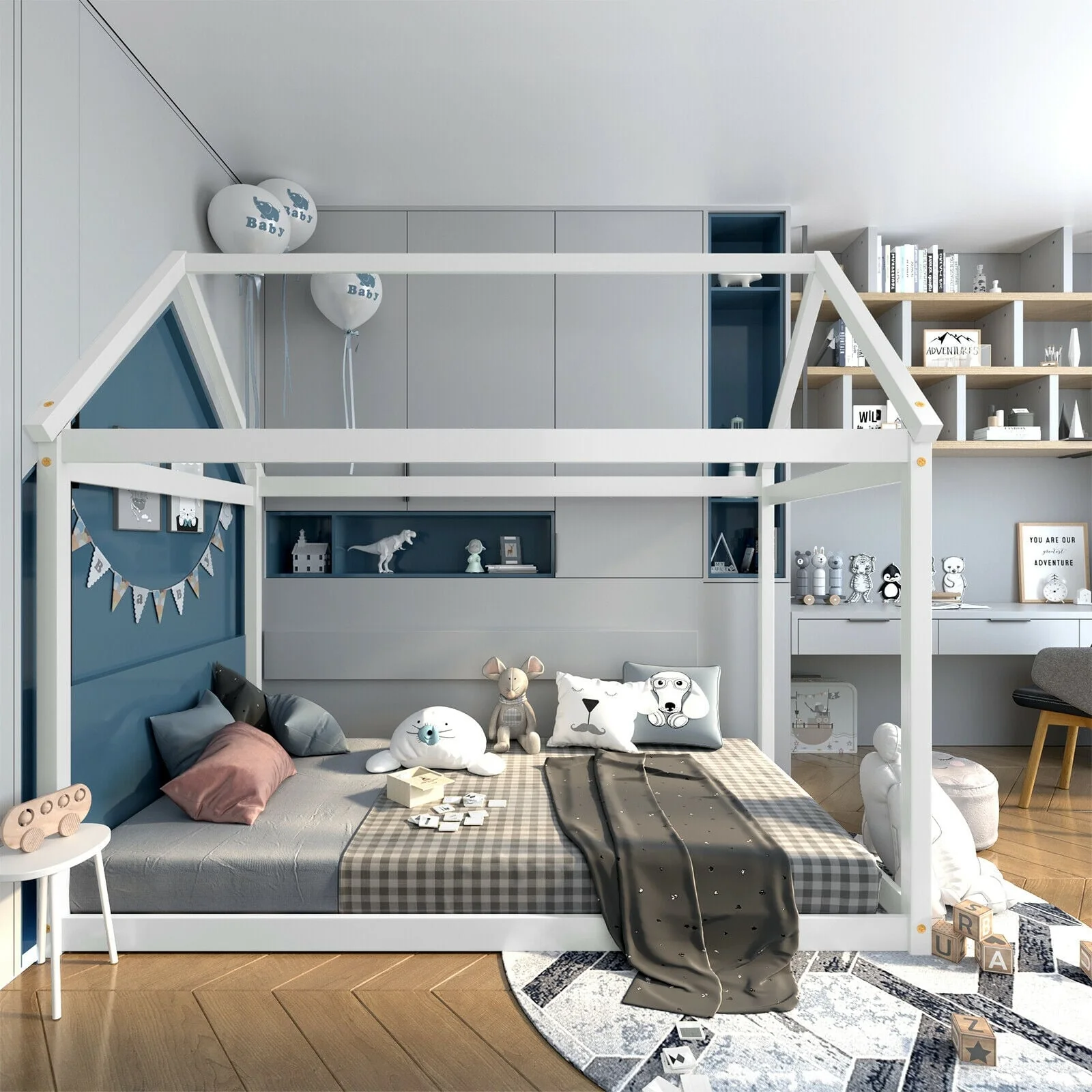 Kids Platform Floor Bed With Roof, Heavy Duty Slats, White - Image 2