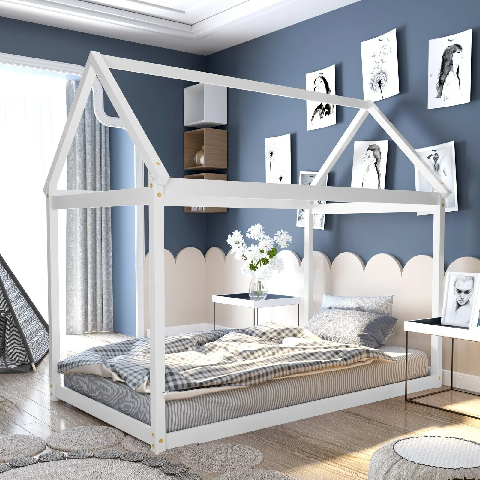 Kids Platform Floor Bed With Roof, Heavy Duty Slats, White - Image 3