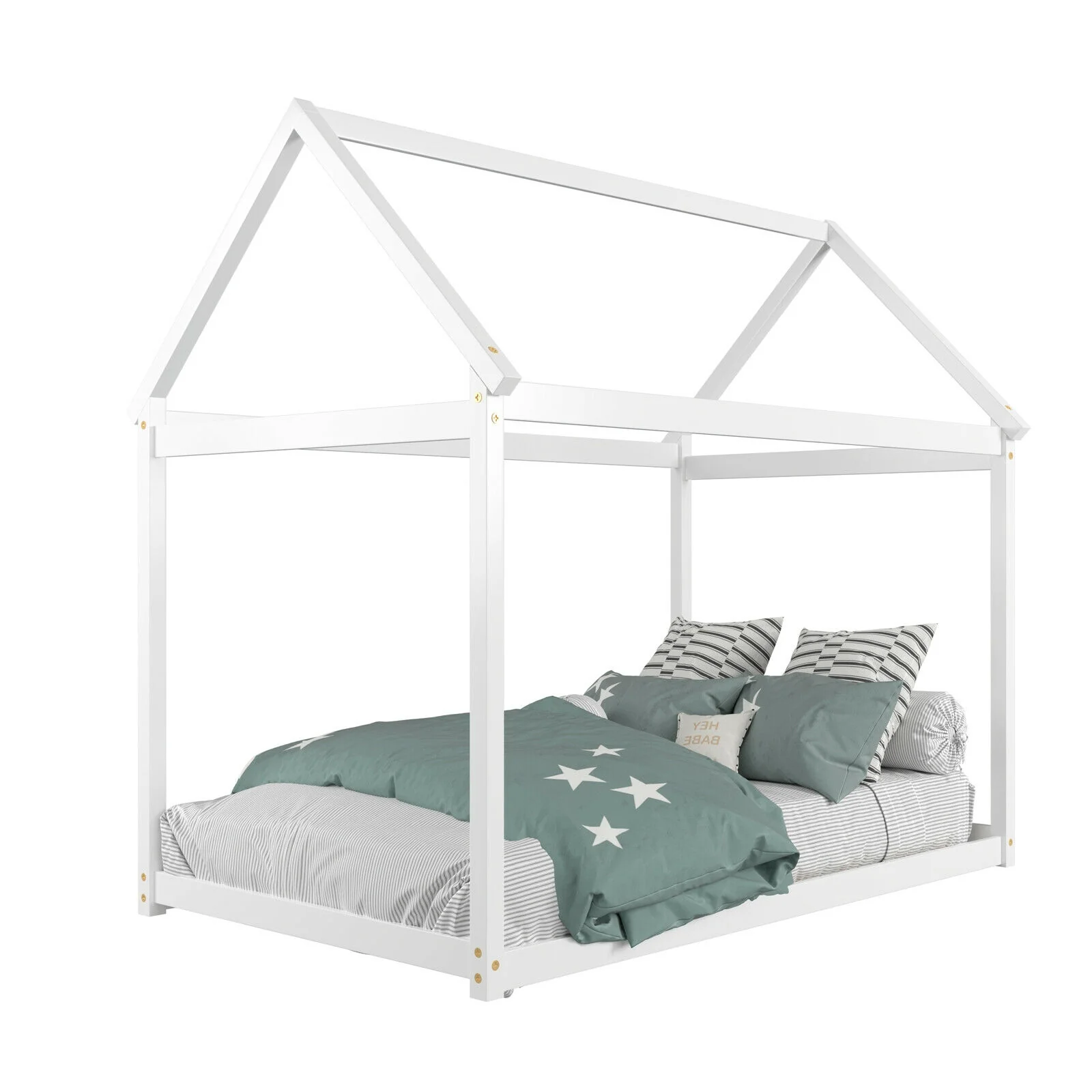 Kids Platform Floor Bed With Roof, Heavy Duty Slats, White - Image 5