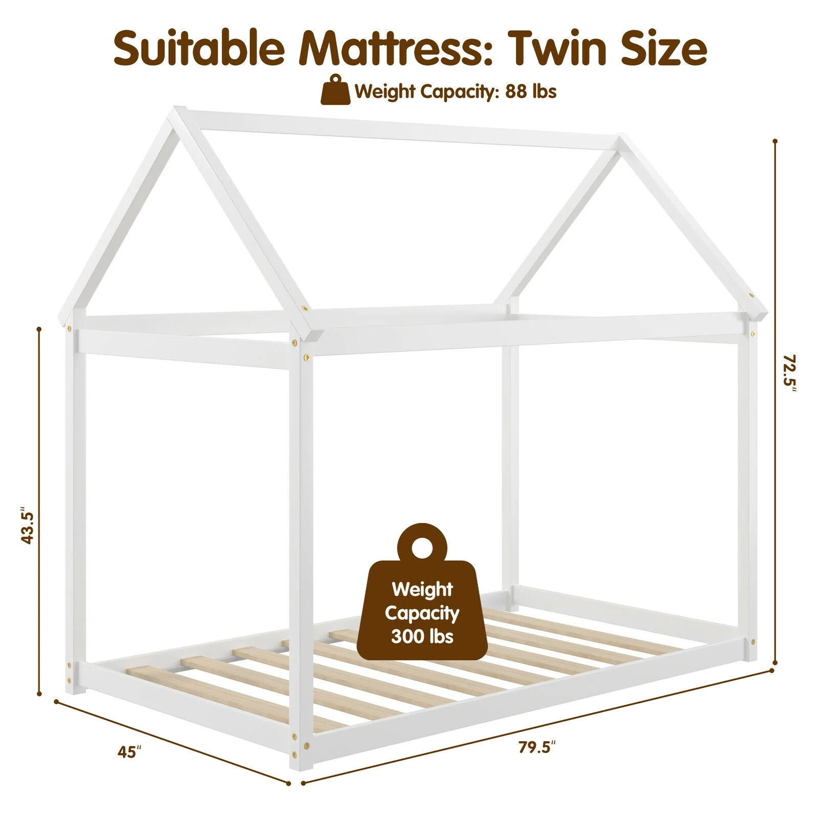 Kids Platform Floor Bed With Roof, Heavy Duty Slats, White - Image 6