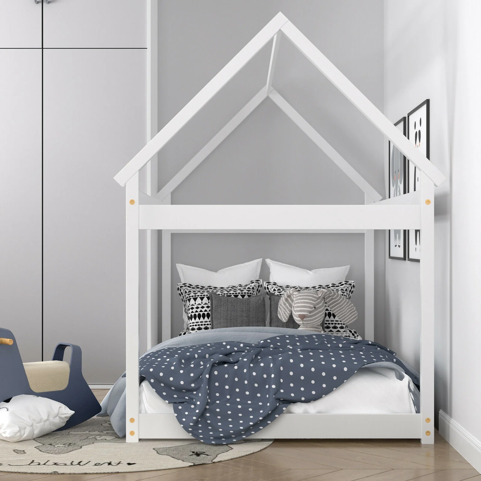 Kids Platform Floor Bed With Roof, Heavy Duty Slats, White - Image 7