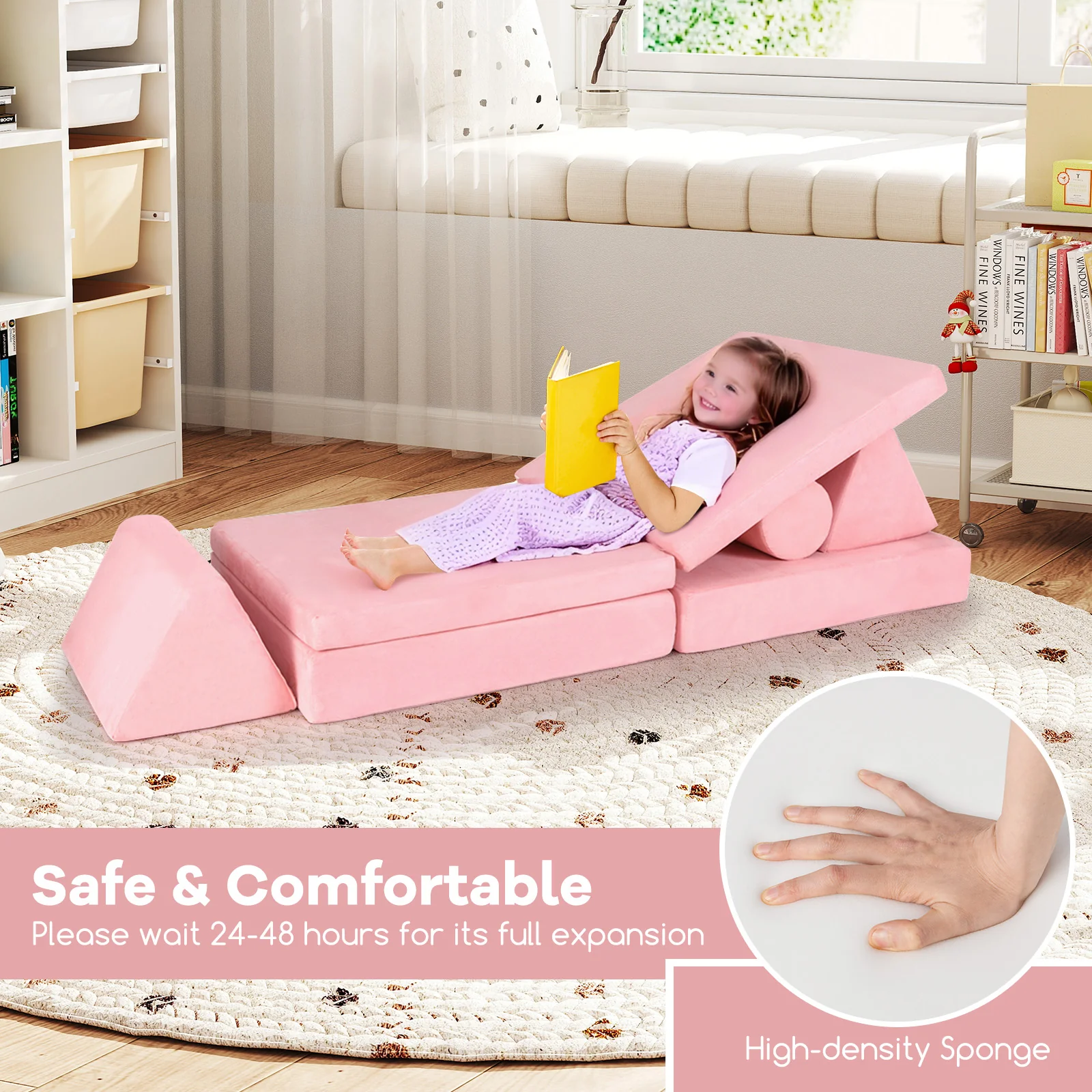 Kids Play Couch Foam Building Fort Set, 8 Pieces, Pink - Image 10