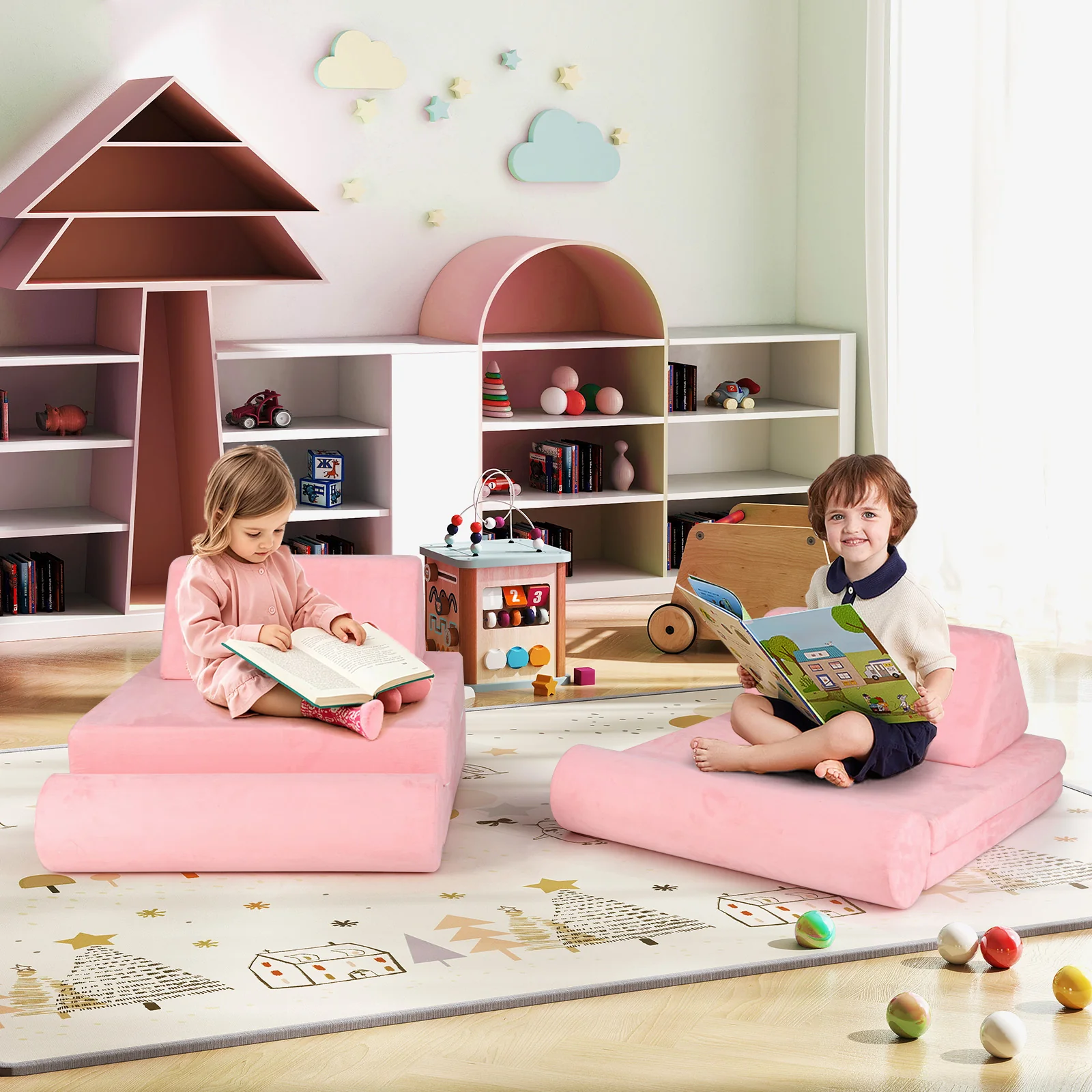 Kids Play Couch Foam Building Fort Set, 8 Pieces, Pink - Image 2